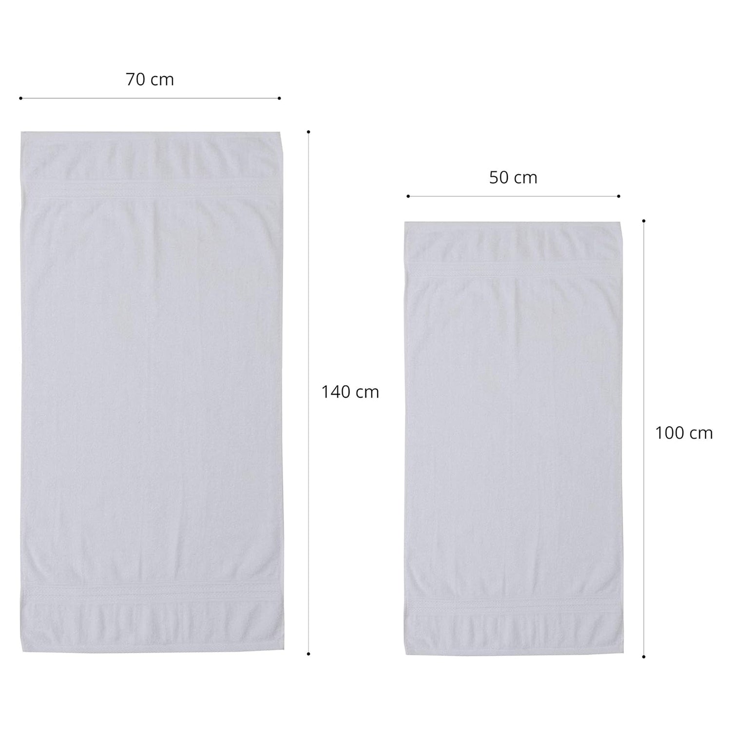 Premium Handtücher 6er-Set - 4 Handtücher 50 x 100 cm + 2 Badetücher 70 x 140 cm - Weiß, Maße der Handtücher auf weißem Hintergrund.