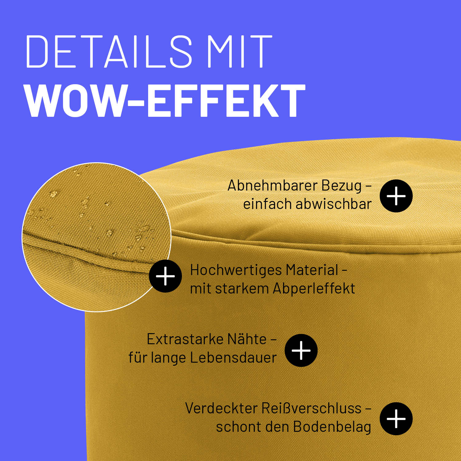 Sitzsack-Hocker/Pouf (50 L) - indoor & outdoor - Senfgelb mit abnehmbarem Bezug, starkem Abperleffekt und verdecktem Reißverschluss.