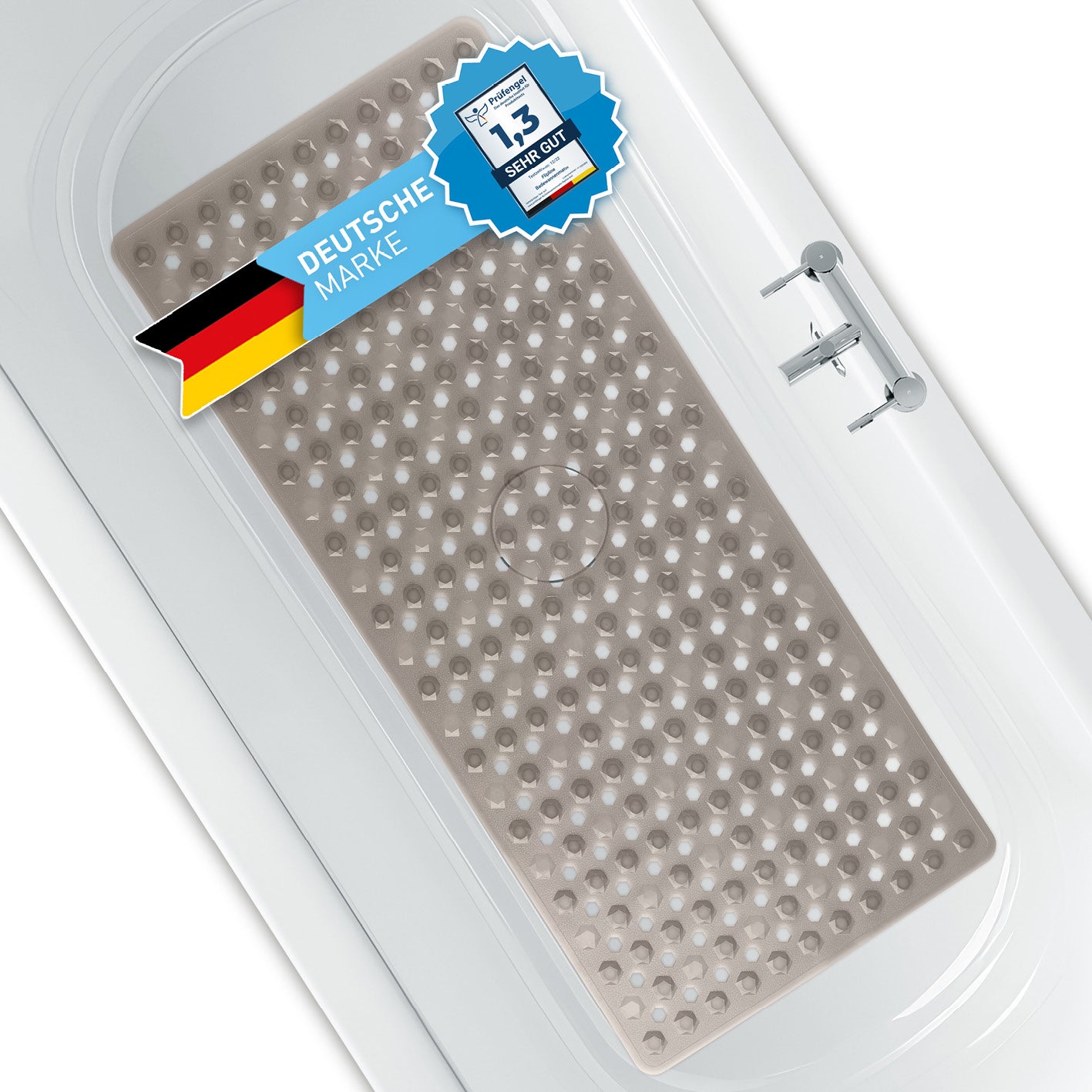 Badewannenmatte 88 x 40 cm – Hellgrau mit Anti-Rutsch-Struktur und Saugnäpfen für sicheren Halt in der Badewanne.