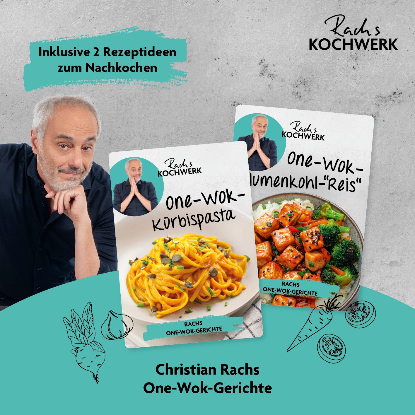 Wok-Pfanne mit Wabenstruktur Ø 28 cm zeigt Rezeptideen von Christian Rach für gesunde und leckere One-Wok-Gerichte.