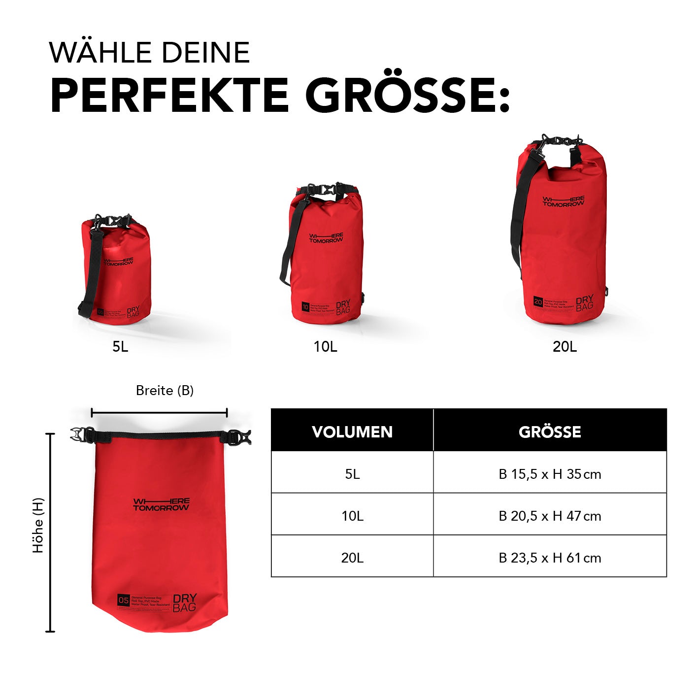 Dry Bag 20L - Style 01 - Rot, wasserdichter, robuster Outdoor-Rucksack mit UV-Schutz und verstellbarem Schultergurt.