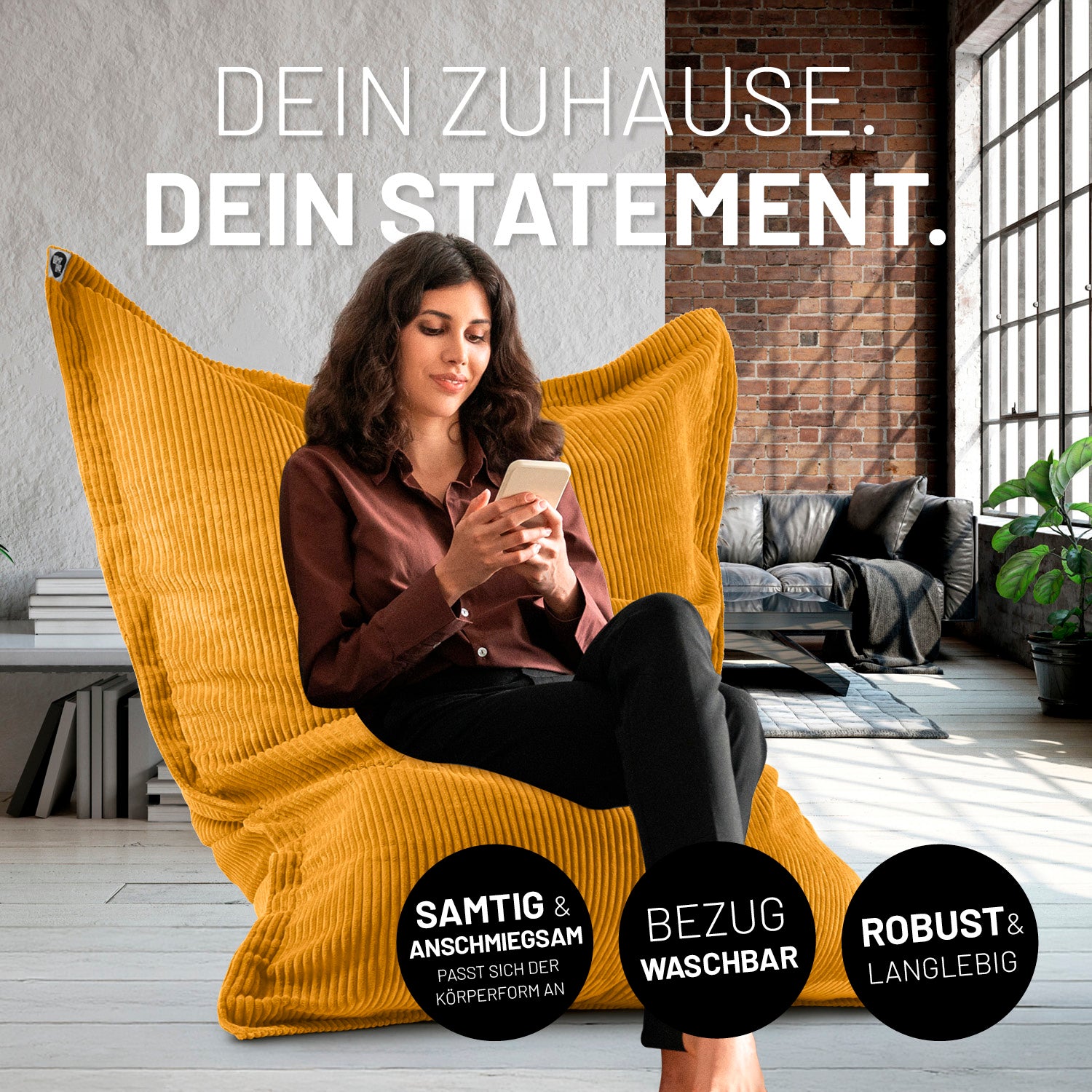 Sitzsack Classic XXL aus der LUMALAND Cord-Reihe 380 L in Senfgelb mit kuscheligem Cord-Bezug und robustem, waschbarem Stoff.