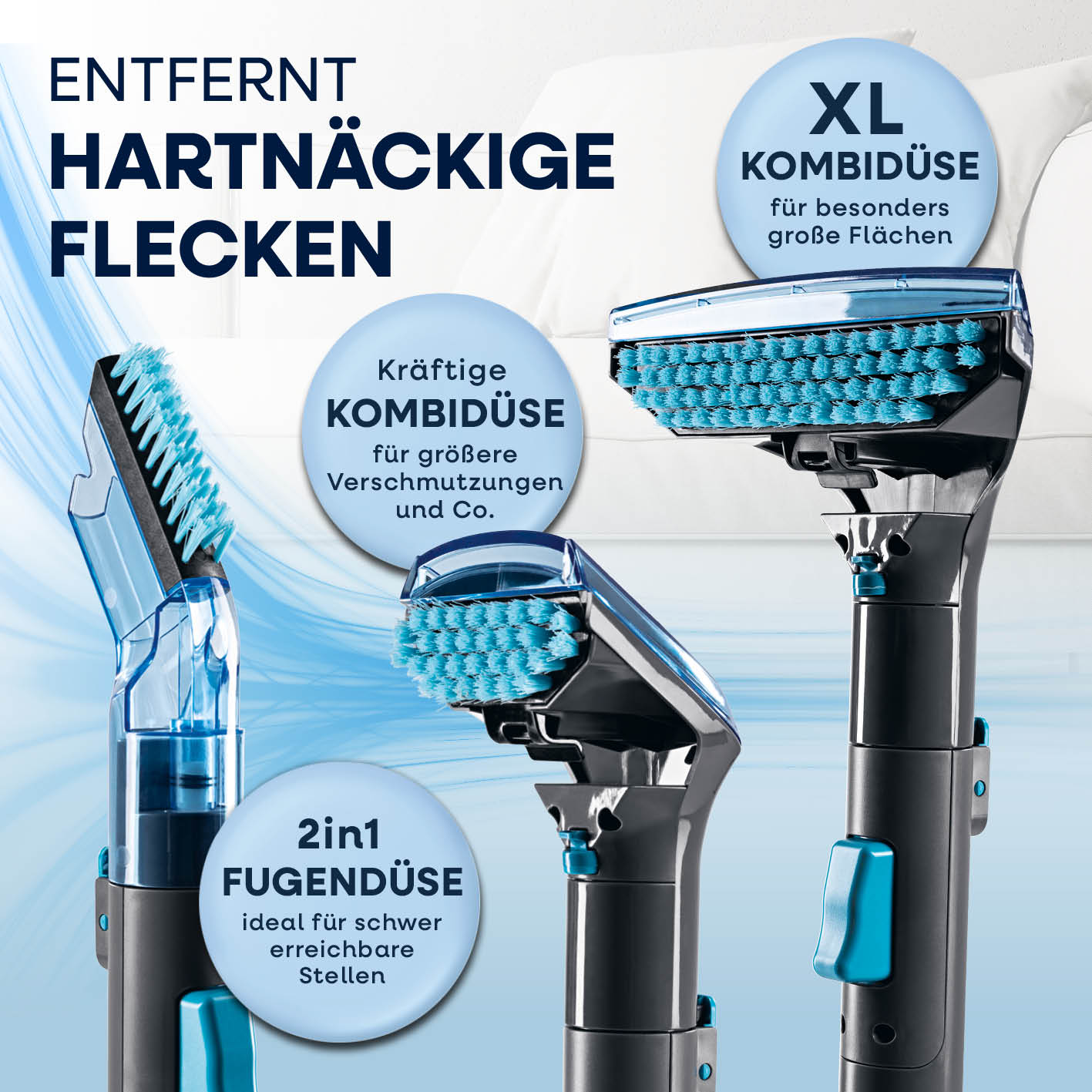 Polster- & Teppichreiniger Pro Power - Grau/Blau mit XL-Kombidüse, 2in1-Fugendüse und Bürstenaufsatz für gründliche Fleckenentfernung.