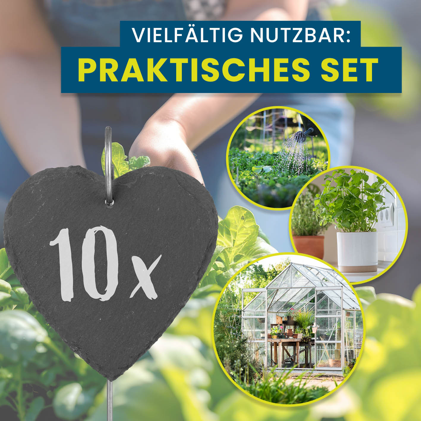 Schiefer-Pflanzschilder Herz-Form 10er Set mit robusten Erdspießen, wetterfest und wiederbeschreibbar für Pflanzenkennzeichnung