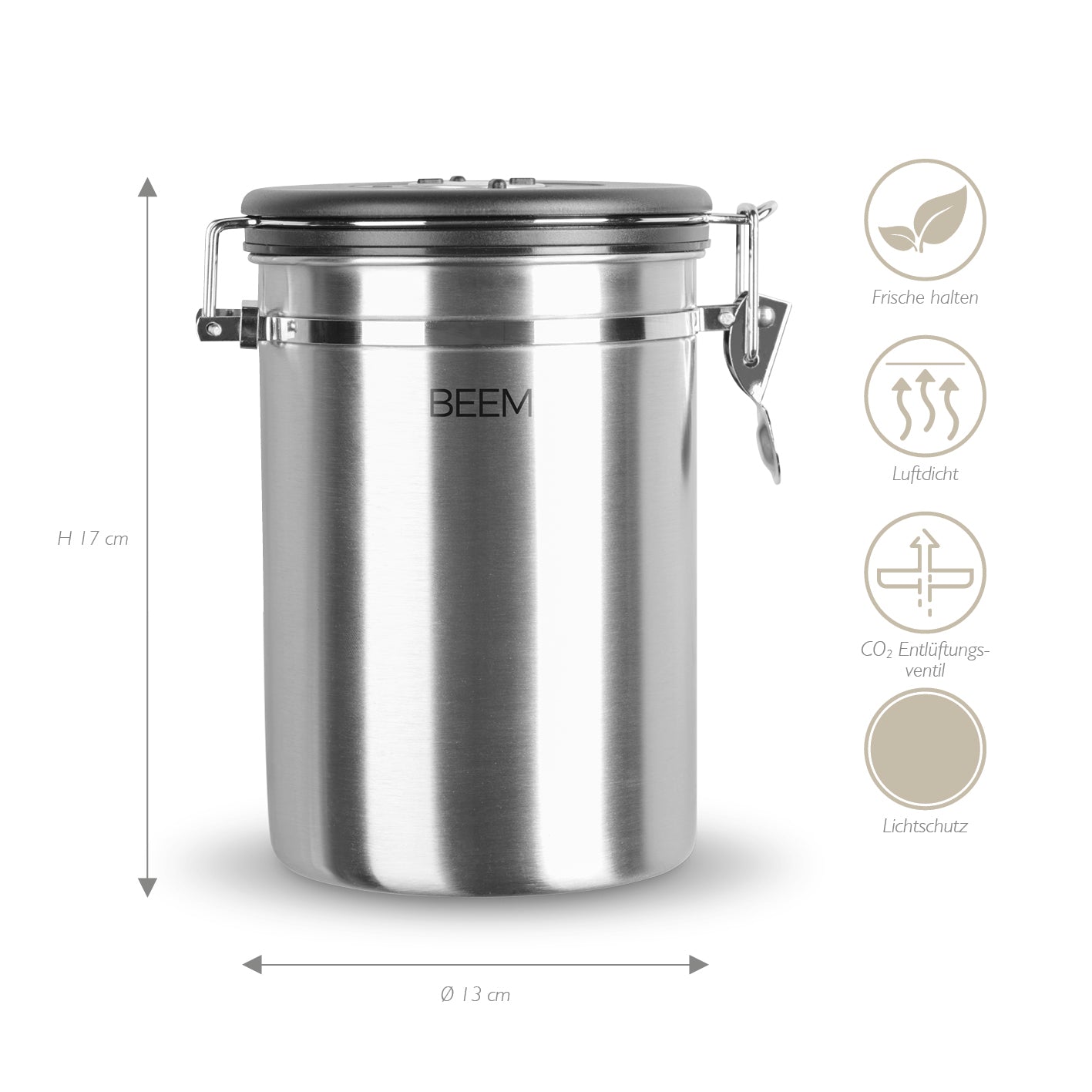 KAFFEEDOSE Vorratsdose mit Dosierlöffel - 1,9 l - 3er-Set aus Edelstahl, luftdicht, mit Frischeschutzventil und Datumseinstellung.