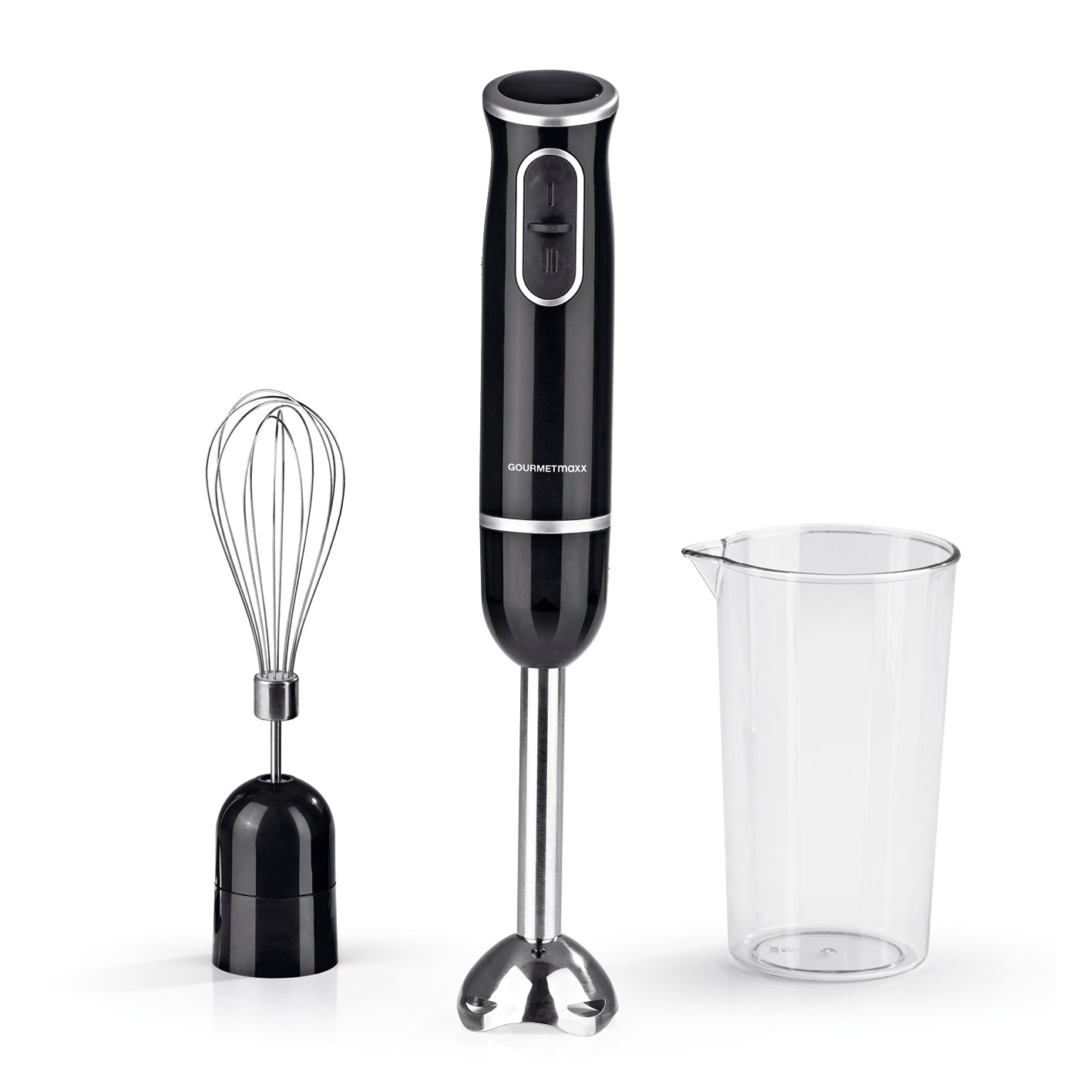 Stabmixer inkl. Rühraufsatz und Messbecher - schwarz/chrom mit Edelstahlklinge und 600-ml-Behälter für vielseitiges Mixen und Pürieren