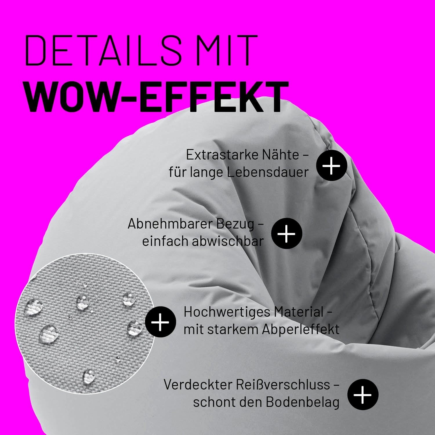 Sitzsack Drops (300 L) - indoor & outdoor - Silbergrau mit extrastarken Nähten, abnehmbarem Bezug und wasserabweisendem Material.