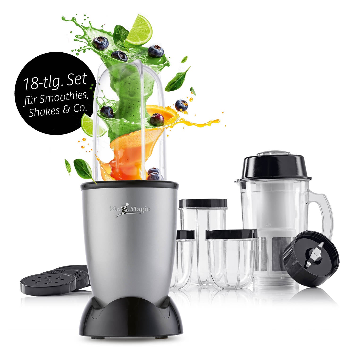 Mr. Magic Mixer - Silber/Schwarz 18-tlg. Set für schnelle Zubereitung von Smoothies, Shakes, Cocktails und mehr.