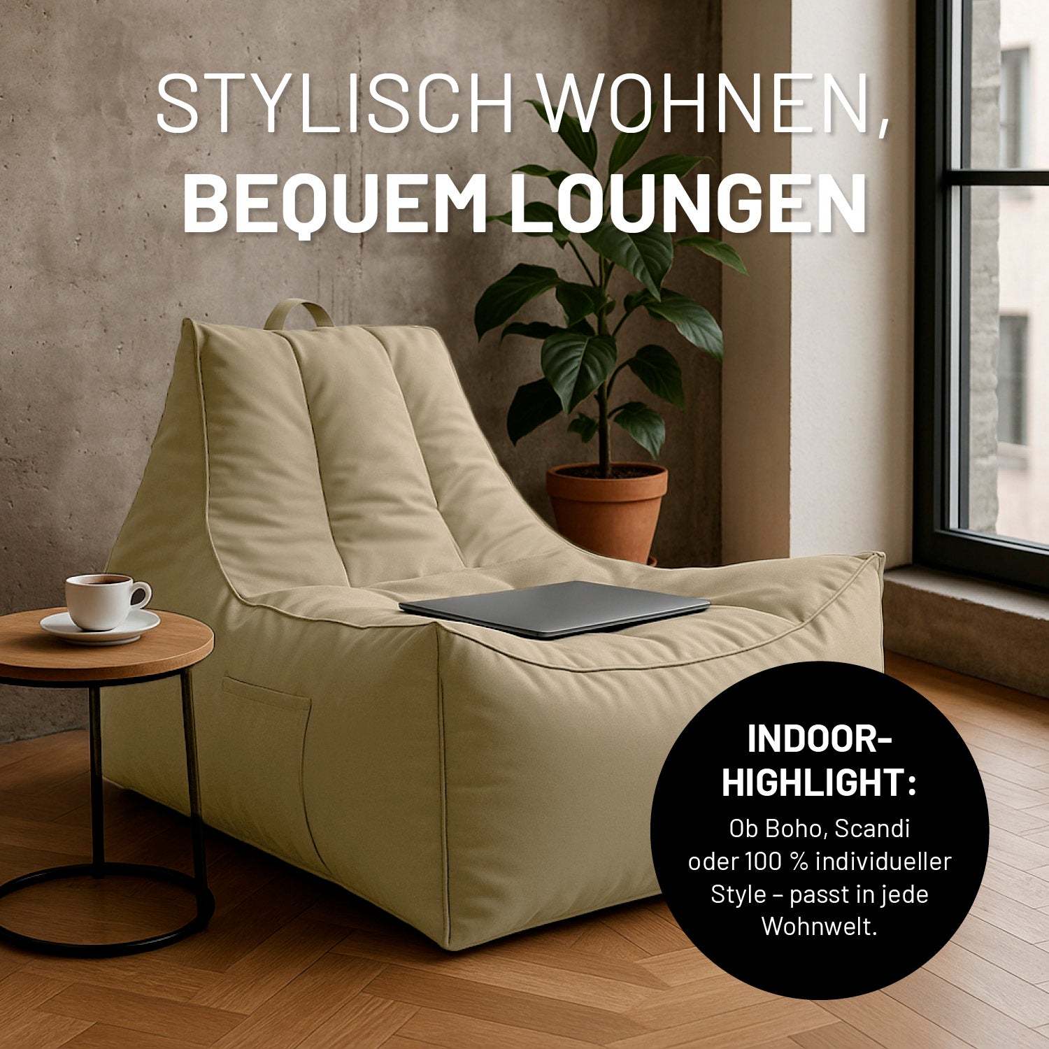 Premium Lounge-Sessel - 380 L - 100 x 100 x 80 cm - Beige in modernem Wohnraum mit großer Sitzfläche und seitlicher Tasche für Komfort.