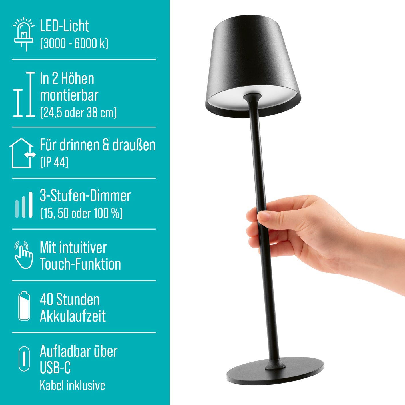 LED-Akku-Tischleuchte mit dimmbarem warmweißem Licht, Touch-Funktion, 2 Höhen, kabellos, IP44 für Innen & Außen, USB-C aufladbar.