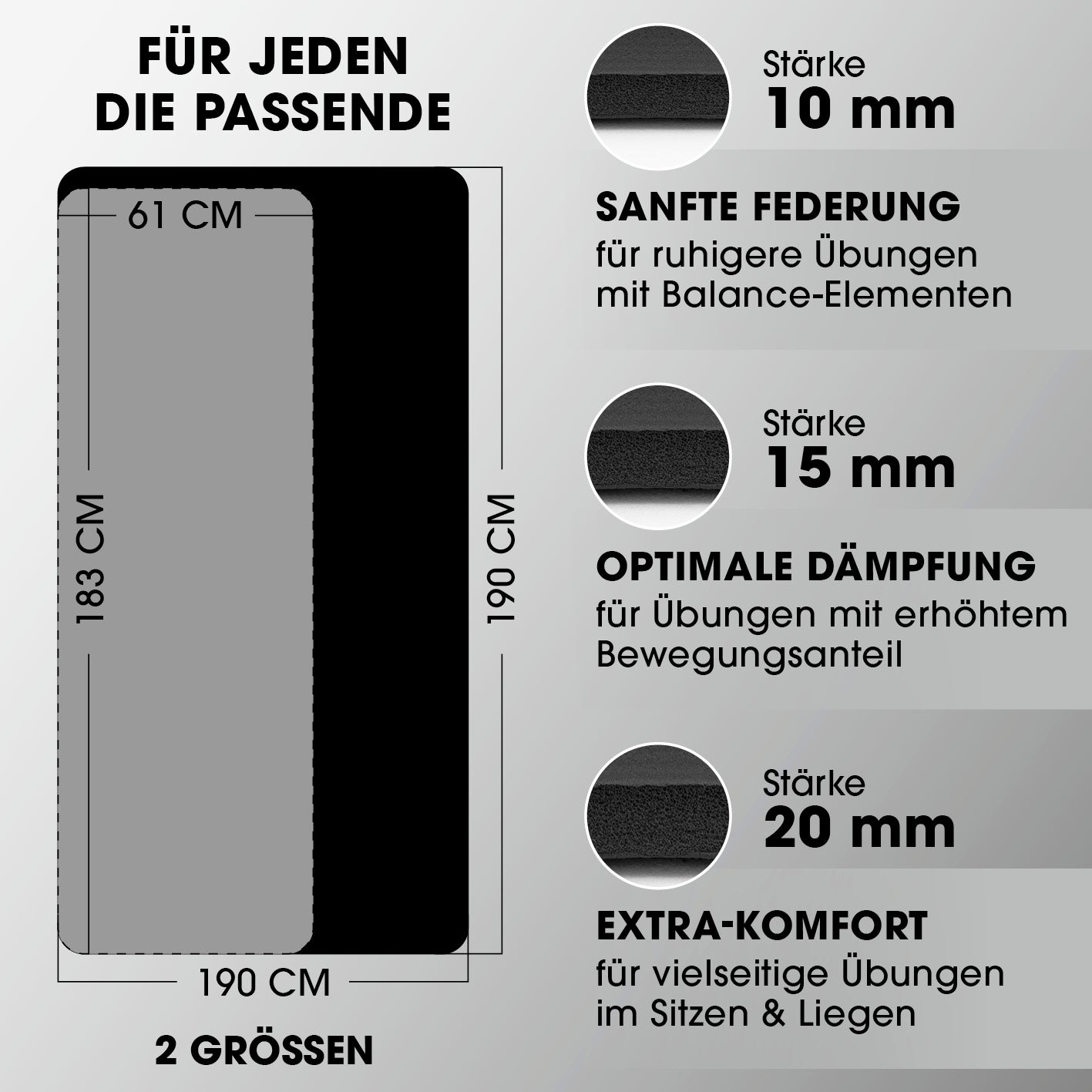 Fitness- und Gymnastikmatte - 183 x 61 x 1,5 cm - Schwarz mit rutschfestem Material, ideal für Yoga und vielseitiges Training.