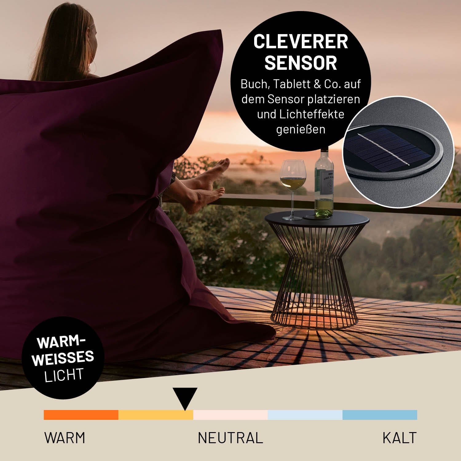 Beistelltisch mit LED-Lichtspender, solarbetrieben, warmweißes Licht, cleverer Sensor, ideal für Indoor- und Outdoor-Bereiche.