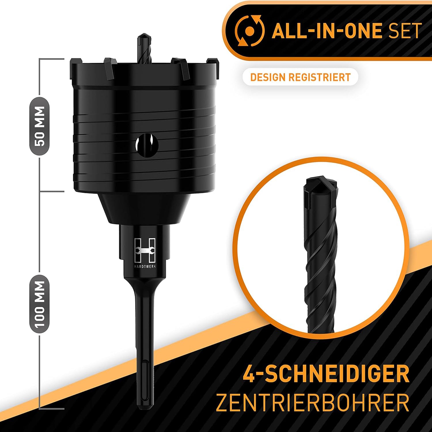 Kronenbohrer - 82mm + SDS-Plus-Adapter mit 6 XXL Karbidzähnen und 4-schneidigem Zentrierbohrer für vielseitige Baustellenanwendungen.