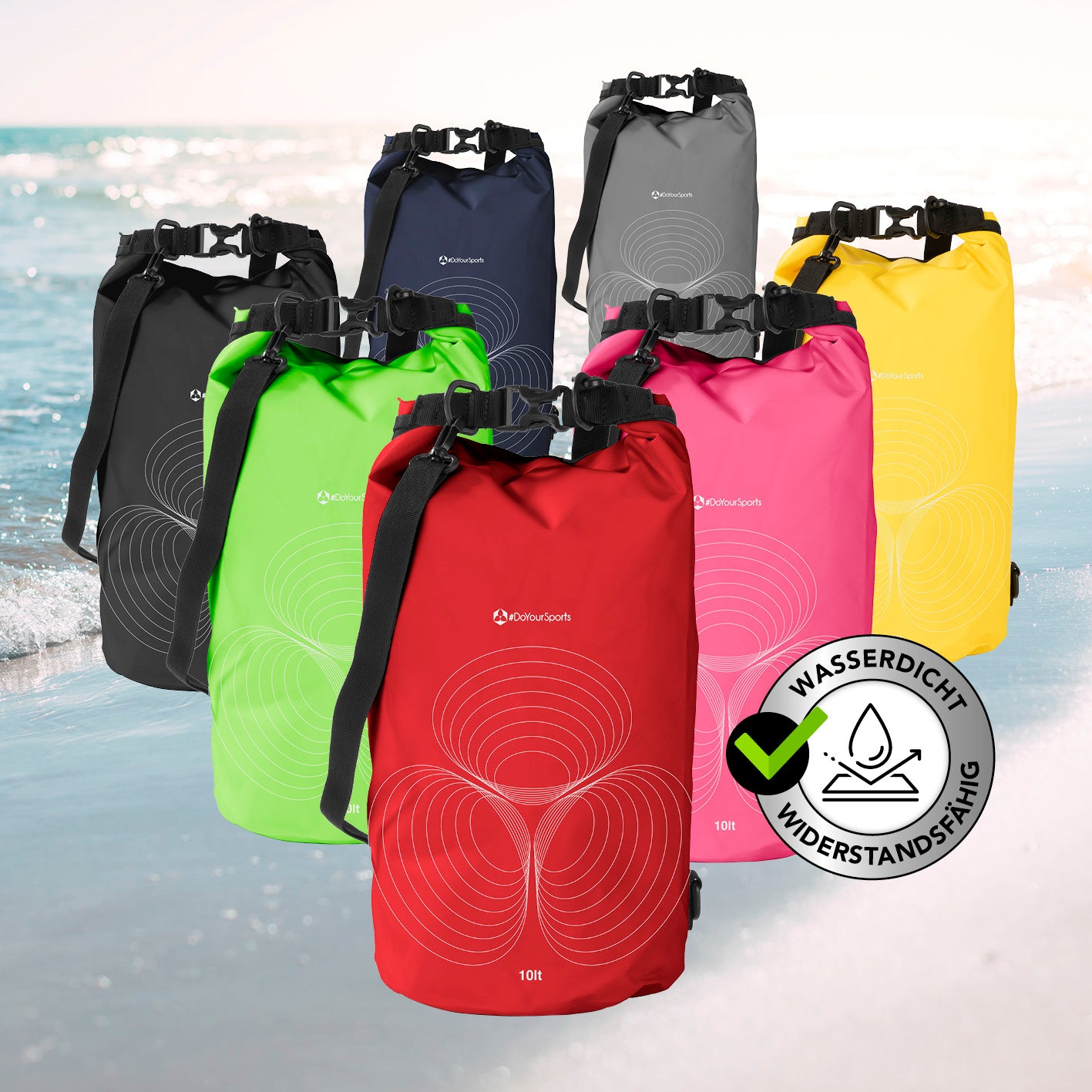 Dry Bag 10L - Rot, wasserdichter und robuster Outdoor-Rucksack mit Rolltop-Verschluss und verstellbarem Schultergurt.