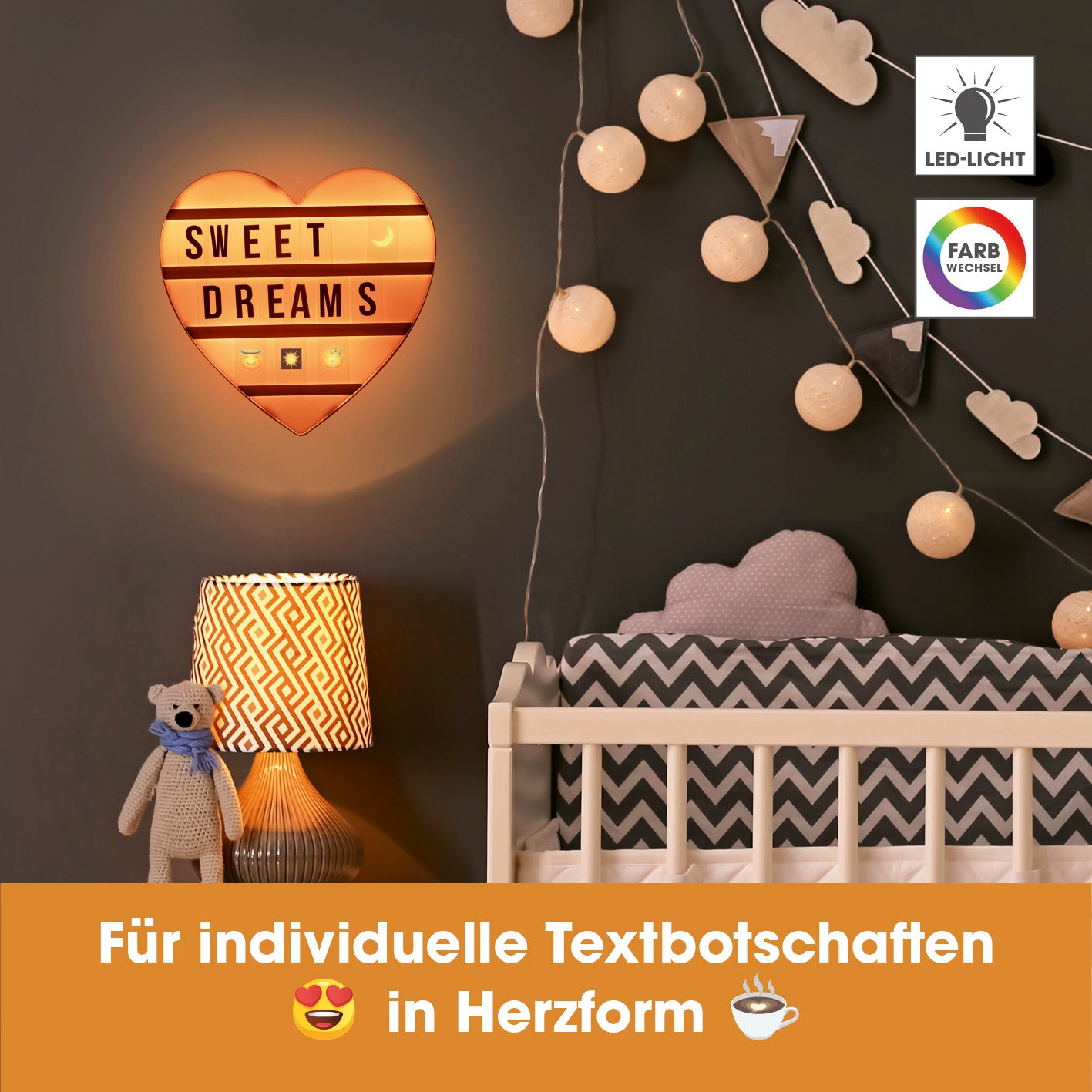 LED-Leuchtkasten Herz - 173 Buchstaben & 150 Moodjis, personalisierbar, LED-Farbwechsel, kabellos oder USB, perfekte Zimmer- und Partydekoration.
