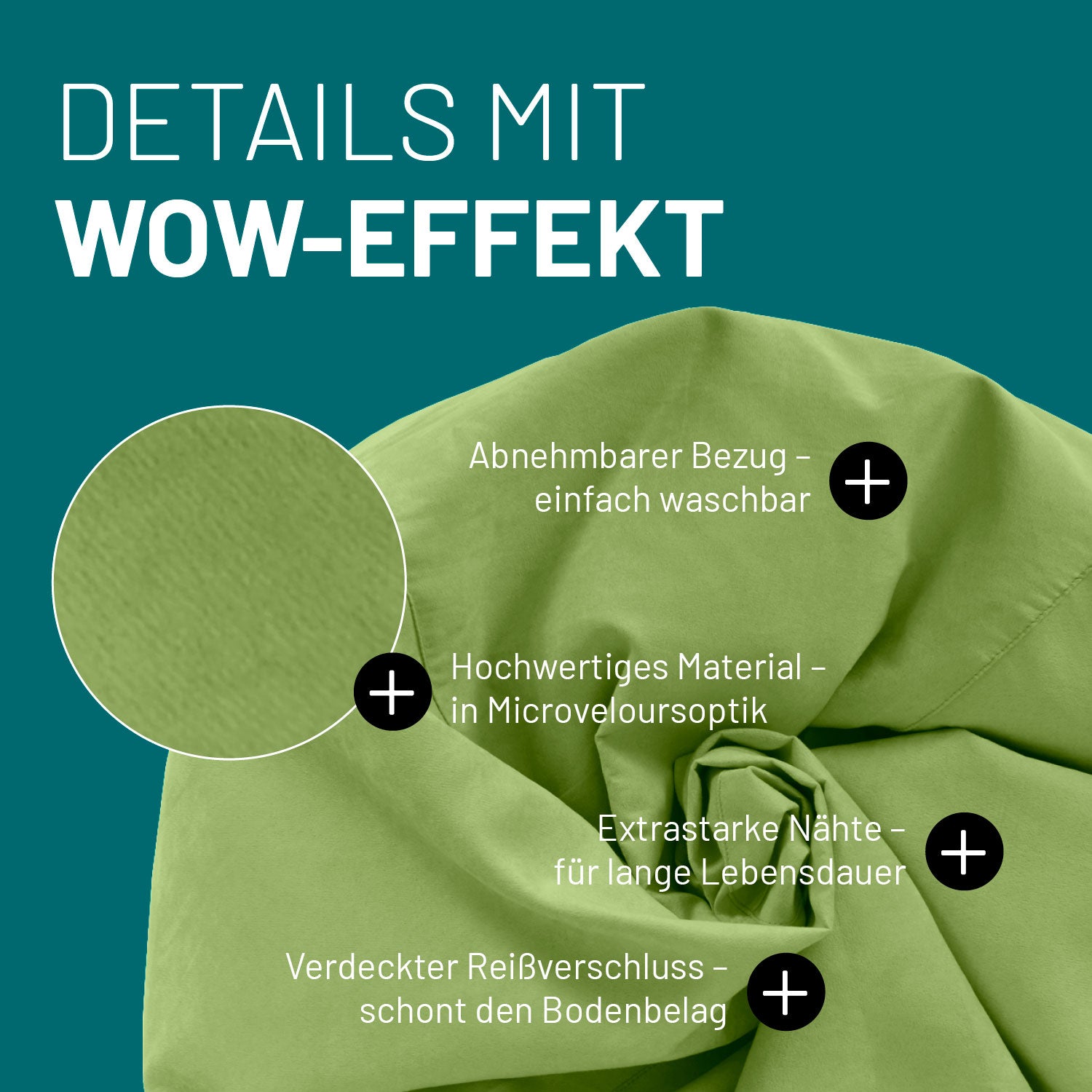 Luxury XL PLUS Sitzsack (220 L) Grün mit abnehmbarem Bezug, Microvelours, extra starke Nähte und verdecktem Reißverschluss.