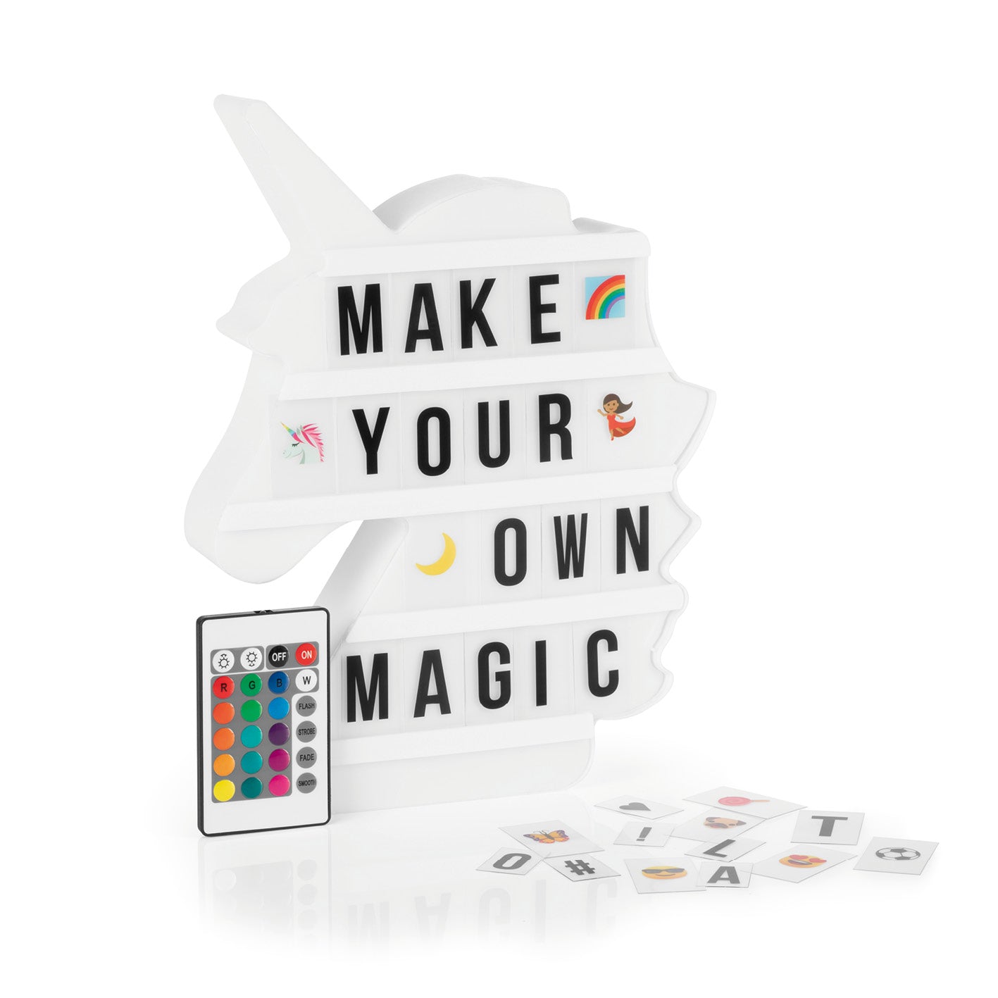 LED-Leuchtkasten Einhorn - 173 Buchstaben & 150 Moodjis für individuelle Textbotschaften in Einhorn-Form mit LED-Farbwechsel und Fernbedienung.