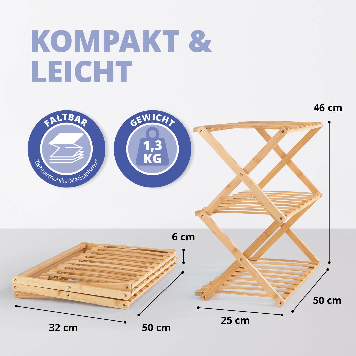 Bambusregal mit 3 Etagen, faltbar, leicht 1,3 kg, kompakt, 3 Ablagen, platzsparend, ideal für Schuhe und Haushaltsartikel.