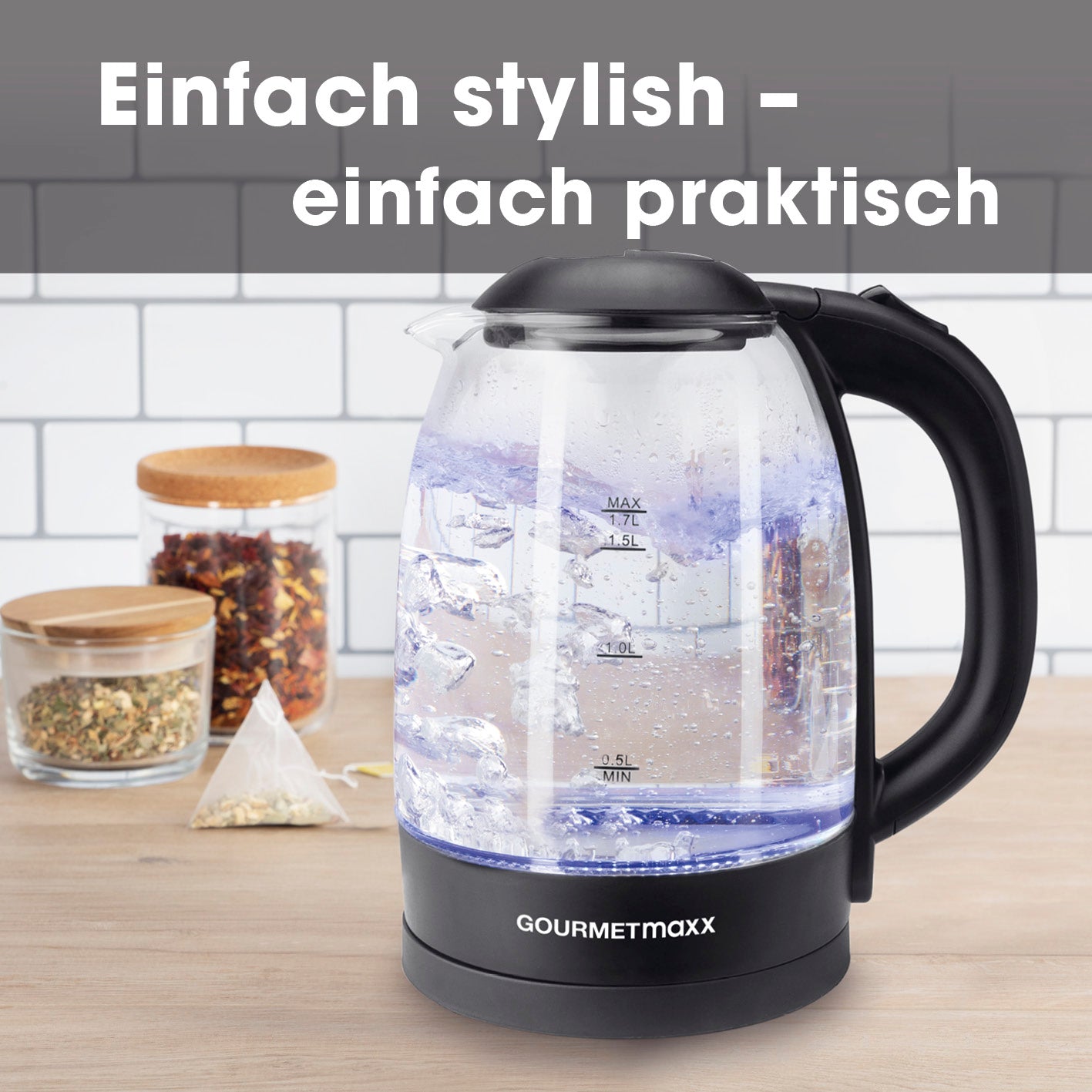 Glas-Wasserkocher 1,7 l - Schwarz mit Wasserstandsanzeige, LED-Beleuchtung, Kalkfilter und 360° drehbarer kabelloser Basisstation.