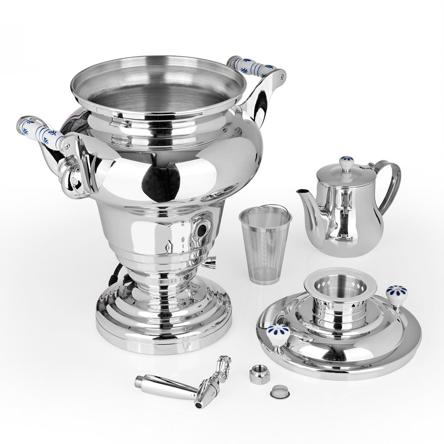 Samowar Royal III - 15l Edelstahl mit Ablasshahn, Teekanne und XL Fassungsvermögen für professionelle Teezubereitung.