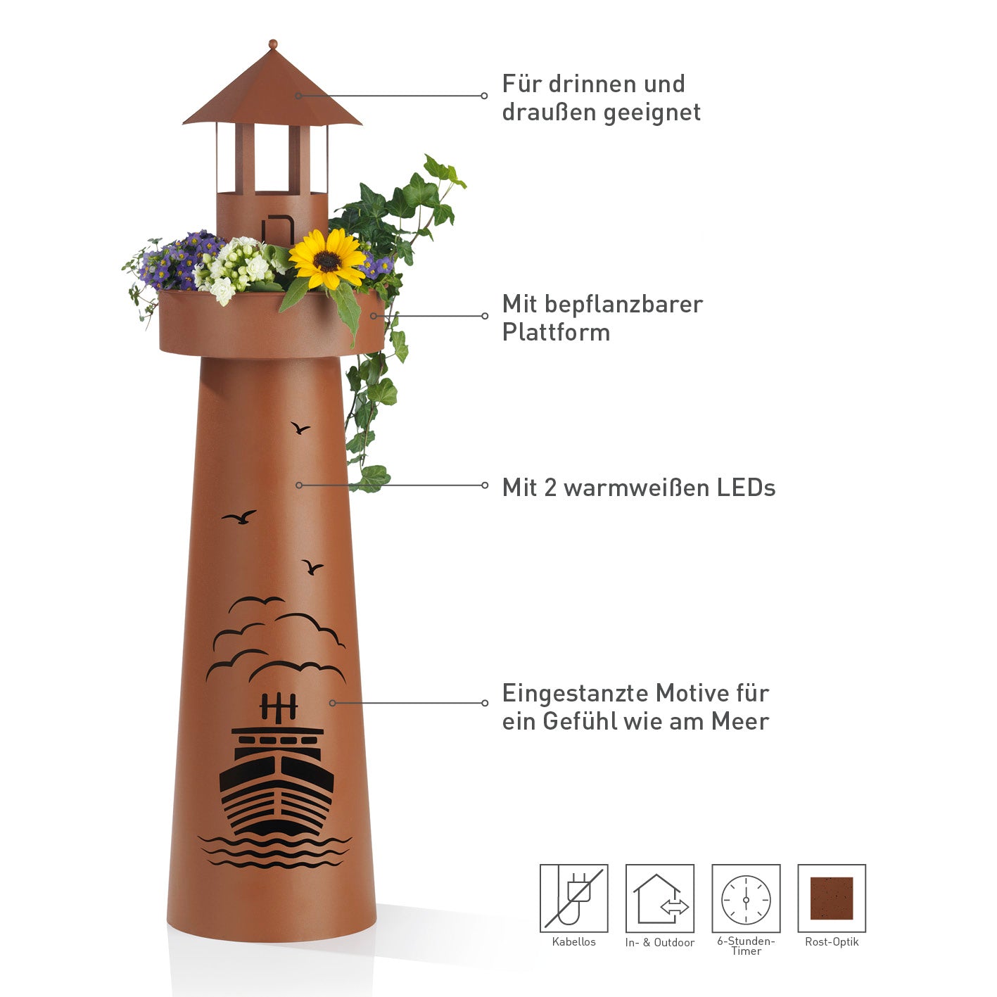 LED-Dekosäule Leuchtturm - 70 cm - braun mit warmweißen LEDs, bepflanzbarer Plattform und maritimem Design in Rost-Optik.