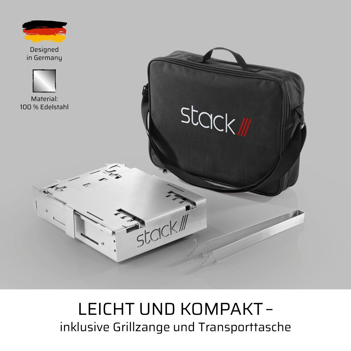 Grill und Feuerstelle mobiler Edelstahlgrill mit Stecksystem, Grillzange und Transporttasche, handlich und kompakt, ideal für 2 bis 5 Personen.
