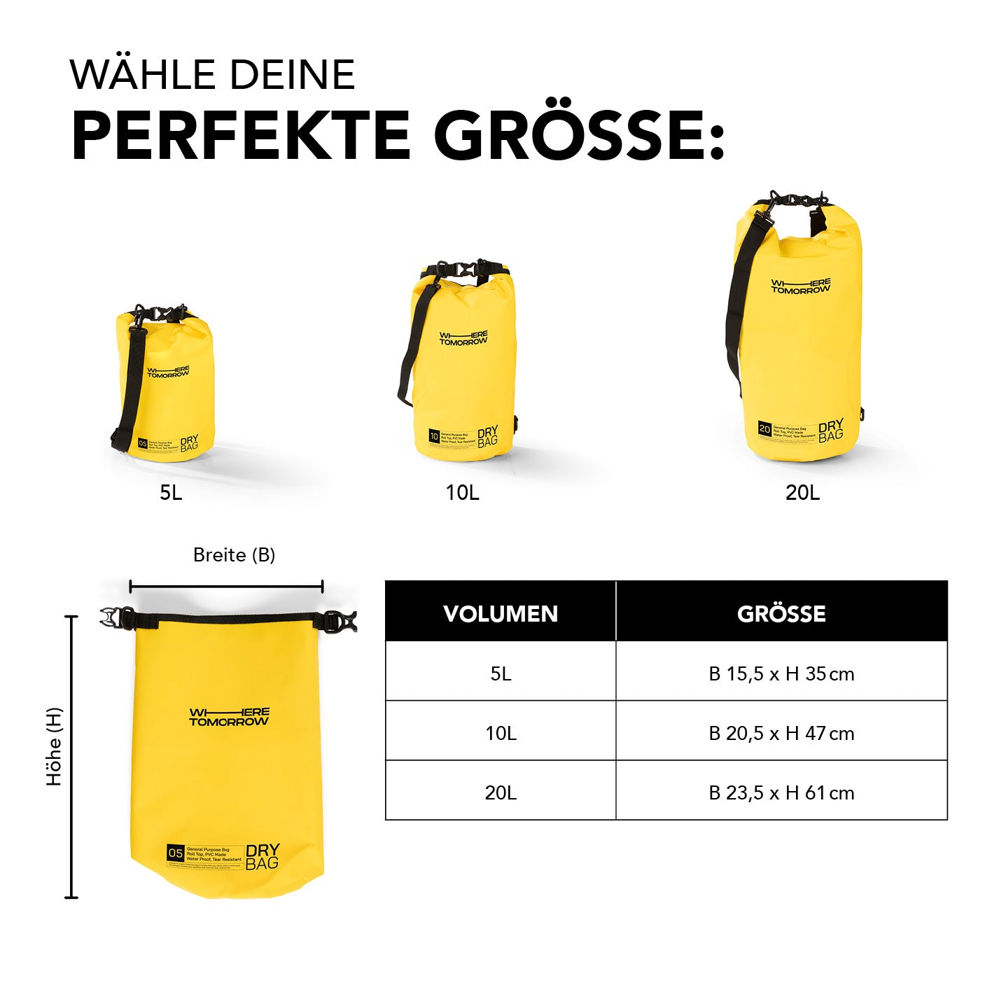 Dry Bag 20L - Style 01 - Gelb, wasserdichter, robuster Outdoor-Rucksack mit UV-Schutz und verstellbarem Schultergurt.