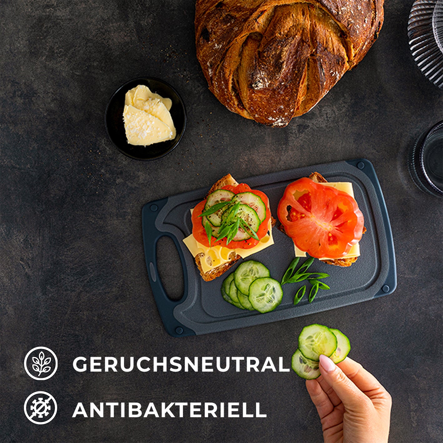 Frühstücksbrettchen - 6er-Set - Marmoroptik Schwarz mit rutschfestem Griff und Antirutsch-Design, ideal zum Schneiden und Servieren.