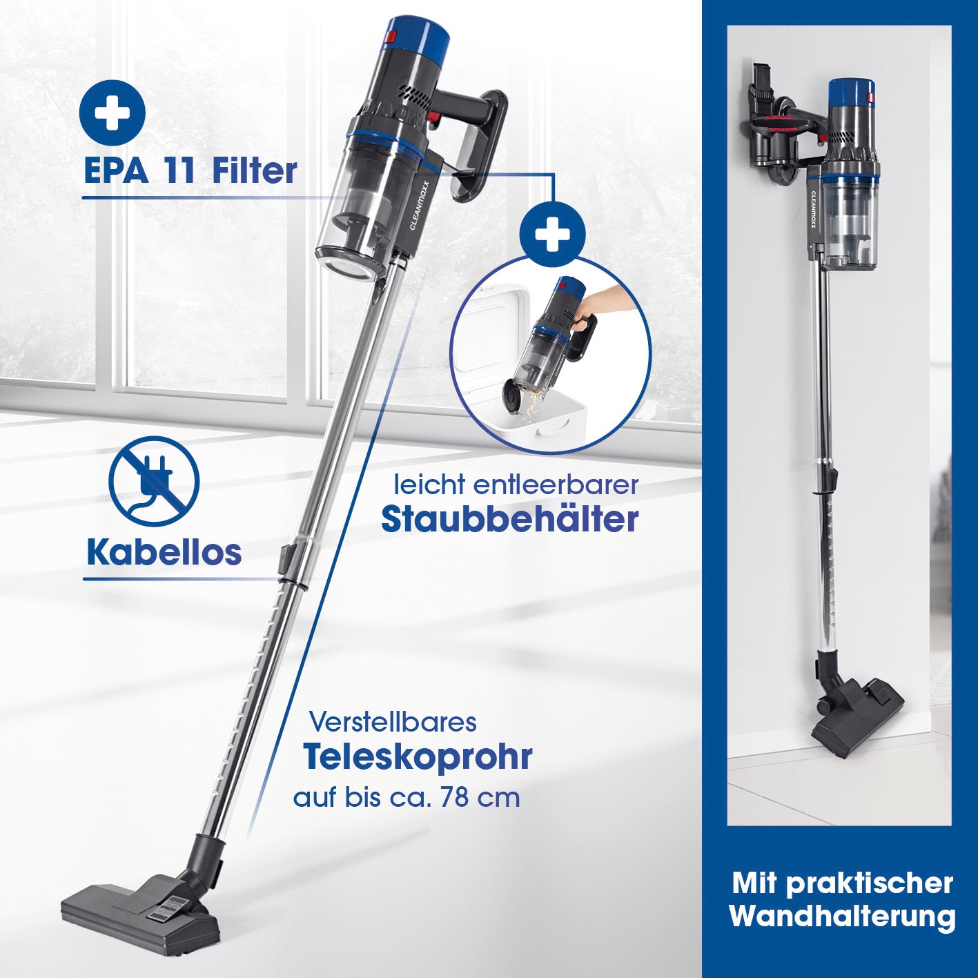 Kabelloser Hand- und Bodenstaubsauger mit verstellbarem Teleskoprohr bis 78 cm, leicht entleerbarem Staubbehälter und Wandhalterung.