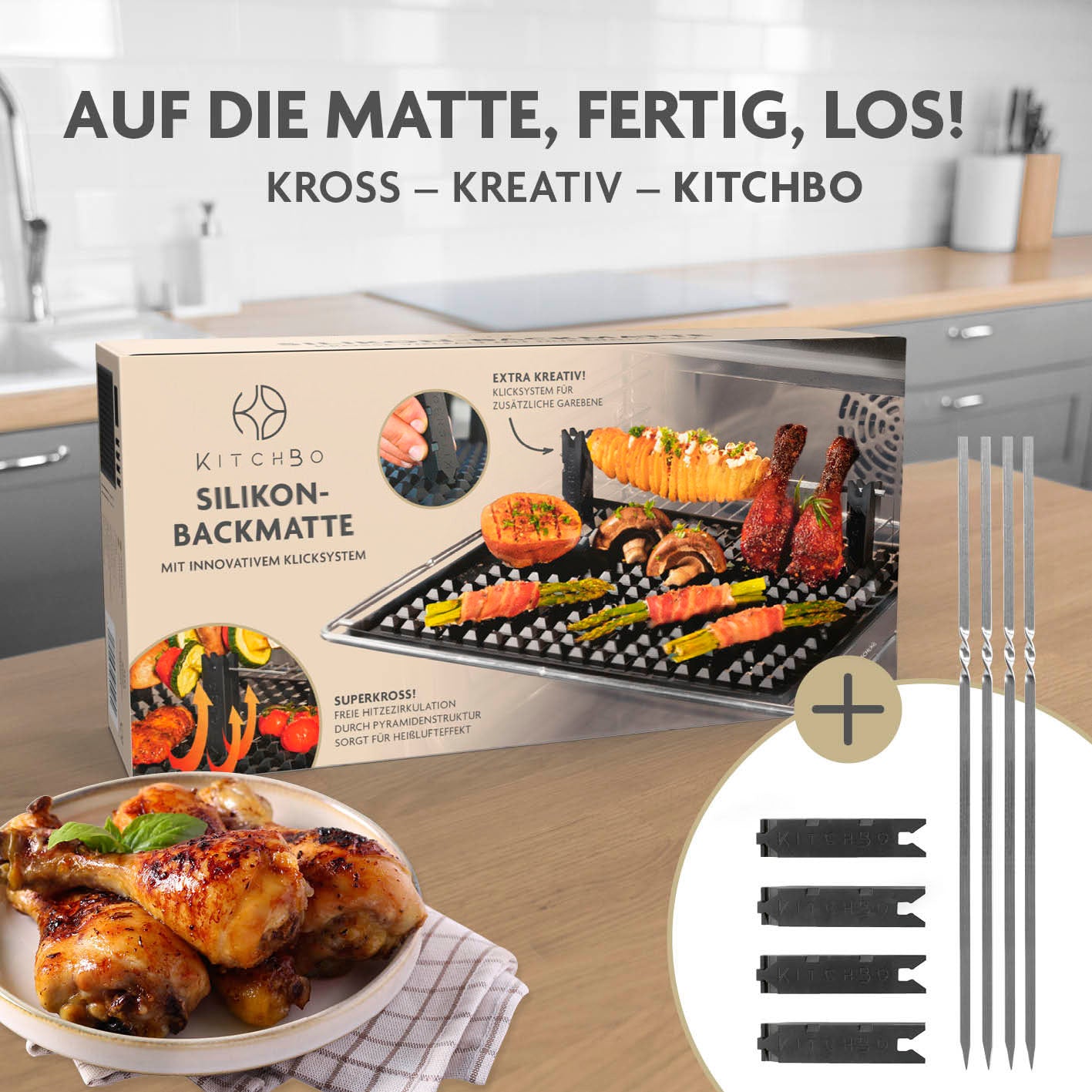 Starter Set Deluxe mit Silikon-Backmatte, 6 Spießen, 8 Steinen und Schwamm für krosses, fettarmes und vielseitiges Backen und Grillen.