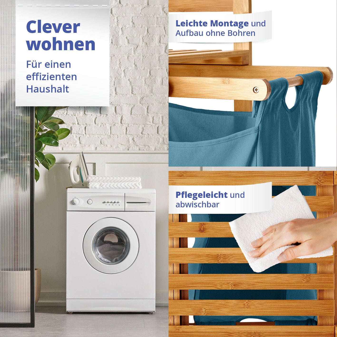 Bambus Wäschekorb mit 2 ausziehbaren Wäschesäcken - 73 x 64 x 33 cm - Blau, pflegeleicht und leicht montierbar ohne Bohren.