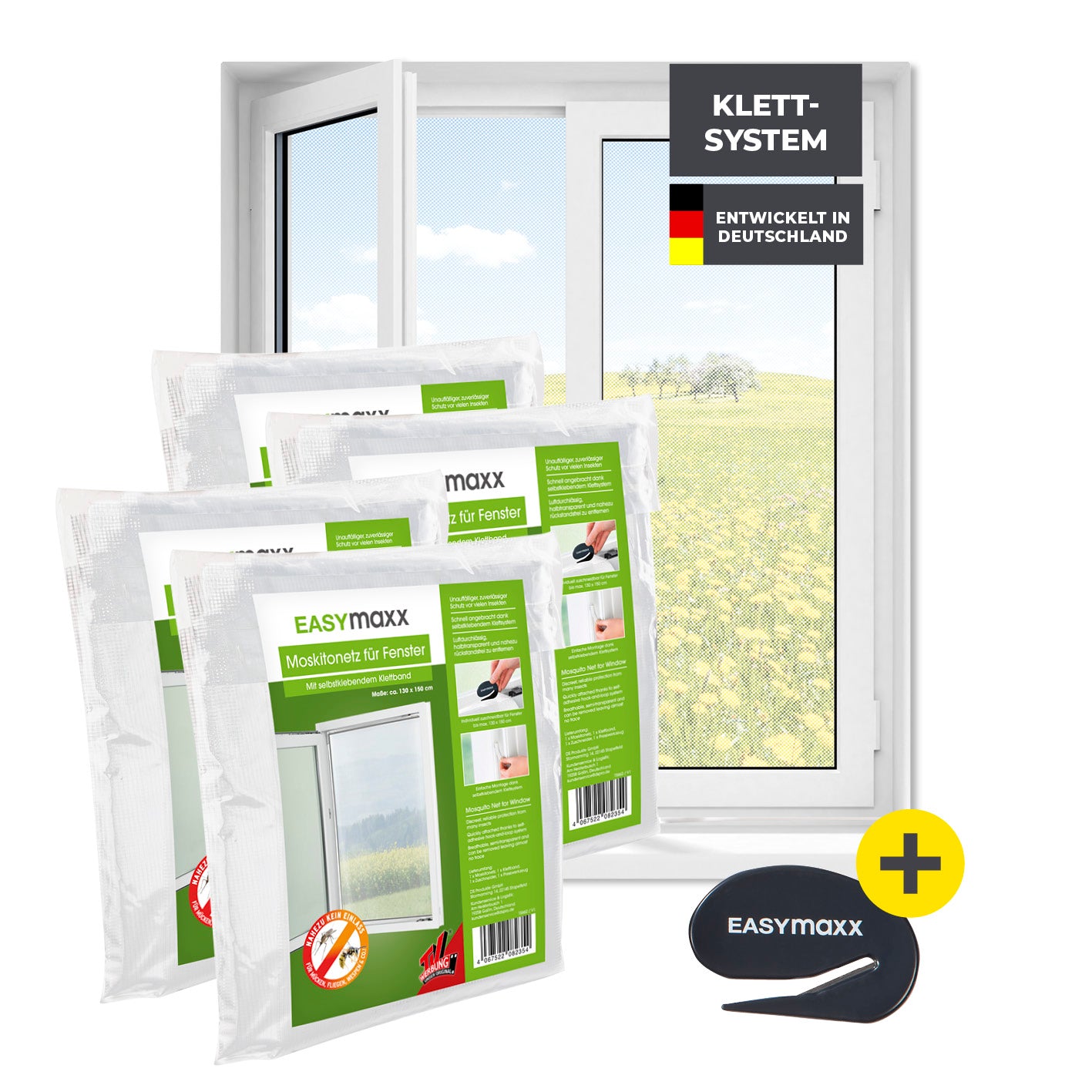 Moskitonetz für Fenster mit selbstklebendem Klettband 4er-Set 130x150 cm Weiß, einfacher Insektenschutz ohne Bohren oder Schrauben.