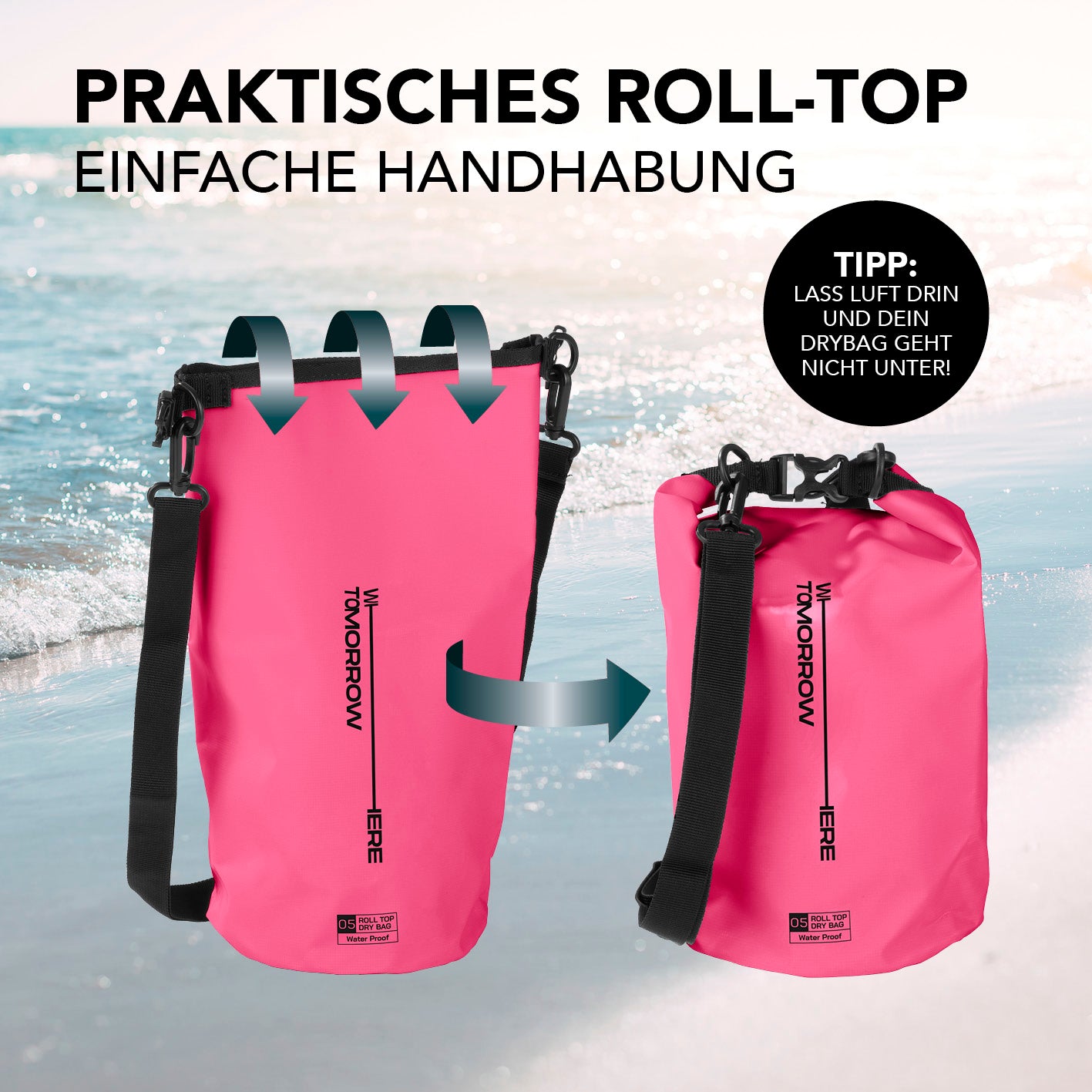 Dry Bag 5L - Style 02 - Pink mit wasserdichtem Rolltop-Verschluss und verstellbarem Schultergurt für Outdoor-Abenteuer.