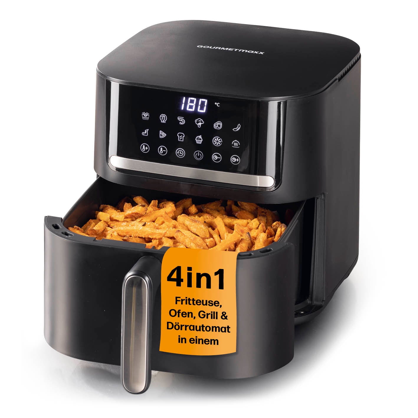 4in1-Heißluftfritteuse - 6 l mit Fritteuse, Ofen, Grill und Dörrautomat für fettarmes, knuspriges Kochen.