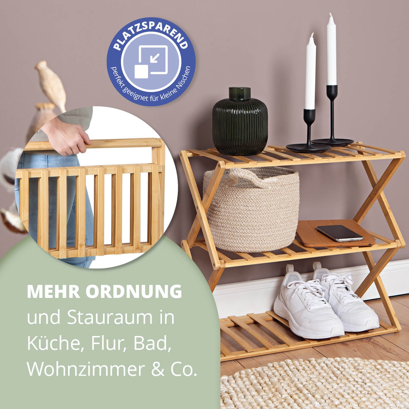 Bambusregal mit 3 Etagen, faltbar, platzsparend, aus Bambus, ideal für Schuhe, Badutensilien und Deko, schnell nutzbar ohne Montage.