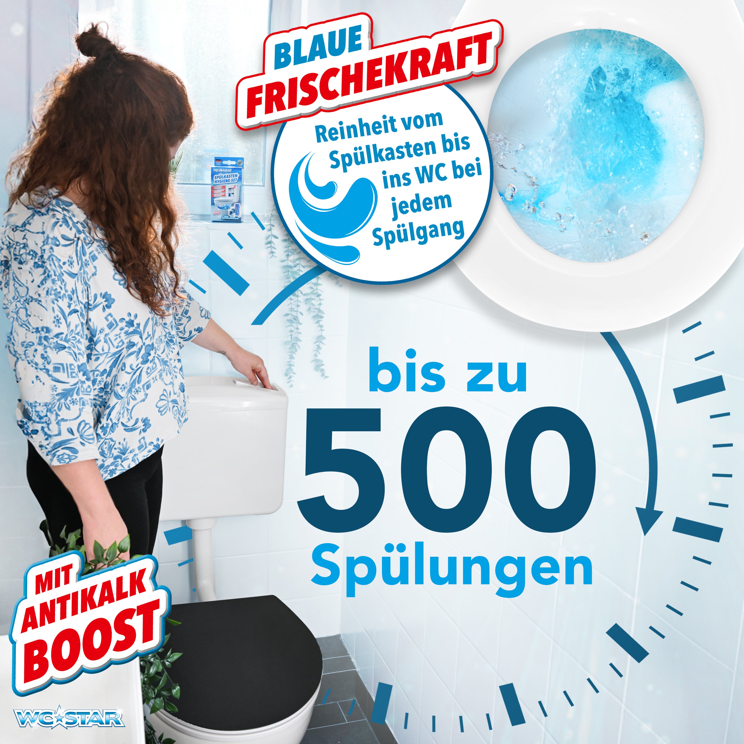 WC-Star Spülkasten-Hygiene-Set mit Antikalk-Boost für bis zu 500 Spülungen und hygienische Frische im WC-System.