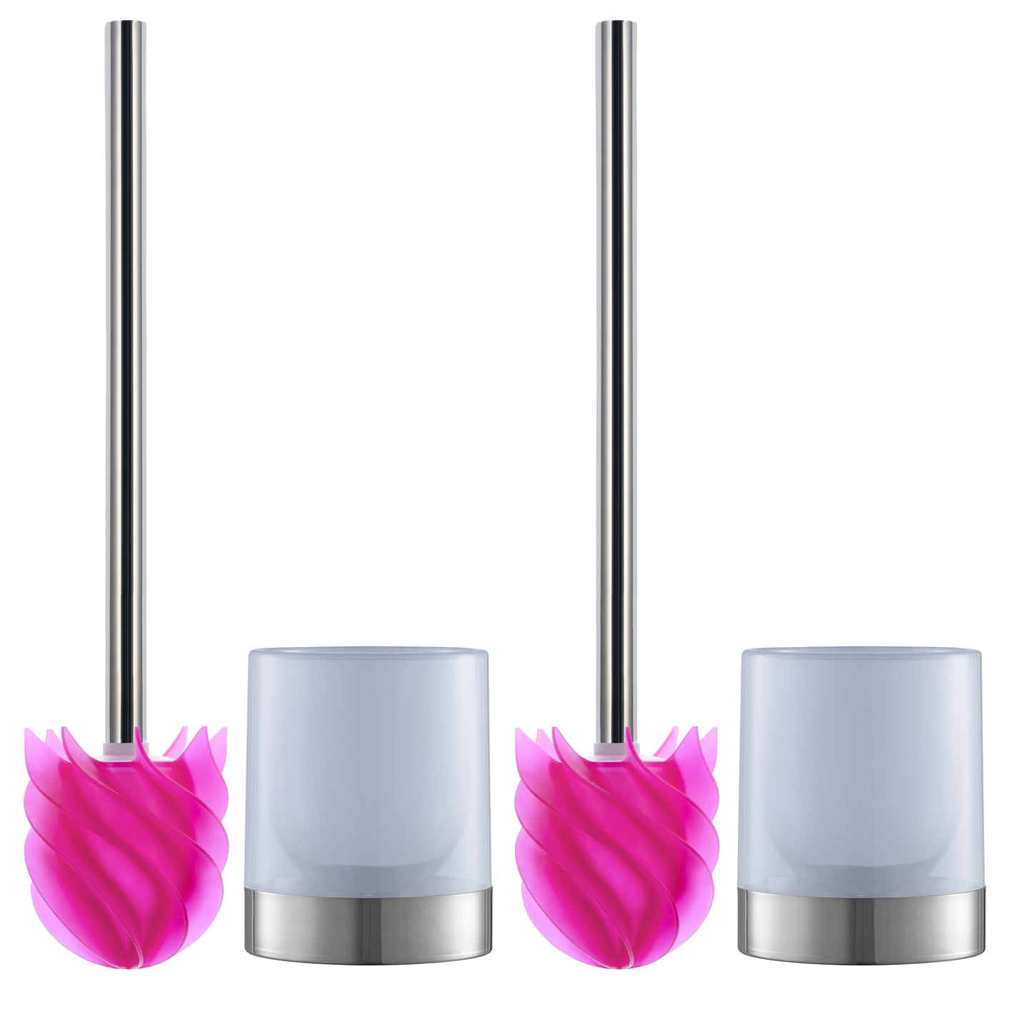 WC-Bürste Silikonkopf Edelstahl/pink mit Bürstenhalter - 2er-Set, borstenlos mit Lotoseffekt, schmutzabweisend und hygienisch.
