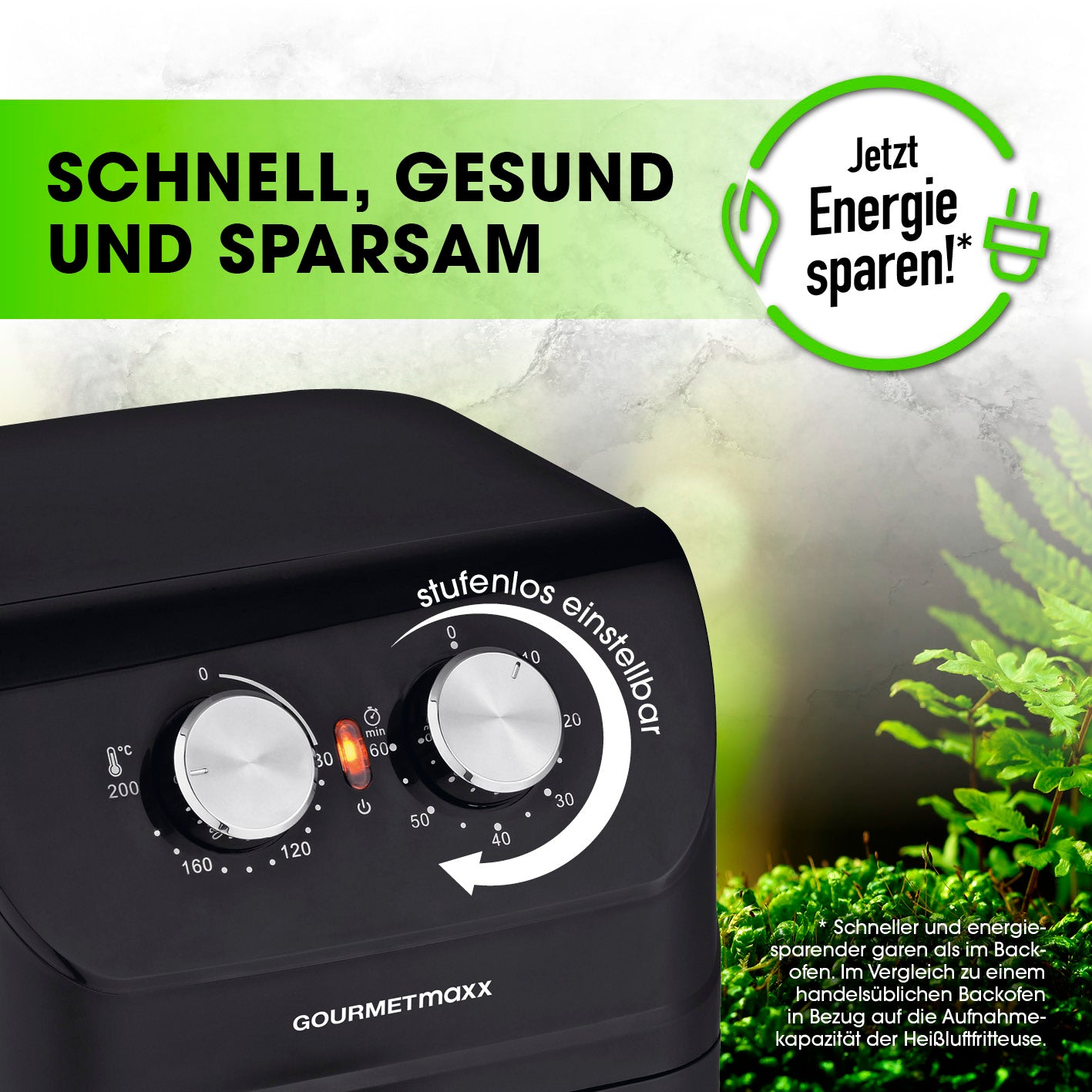 Heißluftfritteuse mit 4 Litern Fassungsvermögen - 1400 Watt mit stufenlosem Thermostat und energiesparender Funktion für gesunde Zubereitung.