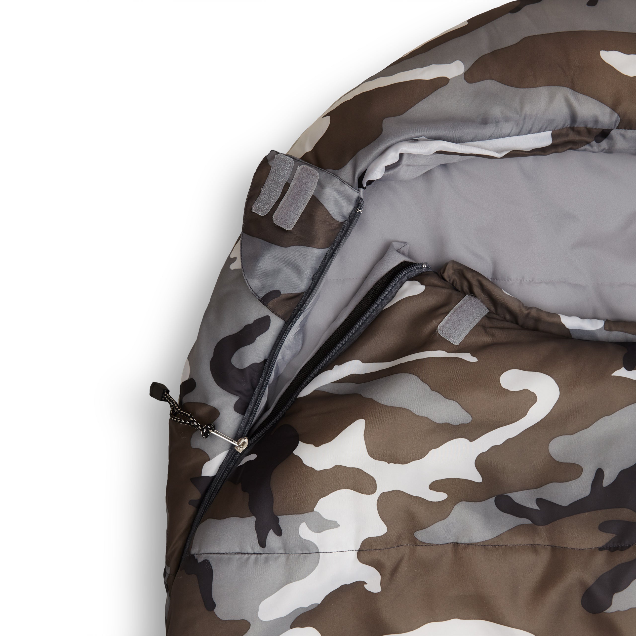 Camping Schlafsack Classic - Mumienschlafsack Camouflage Grau mit wasserabweisendem Material, Kordelzug und Wärmekragen, 230x80x55 cm.