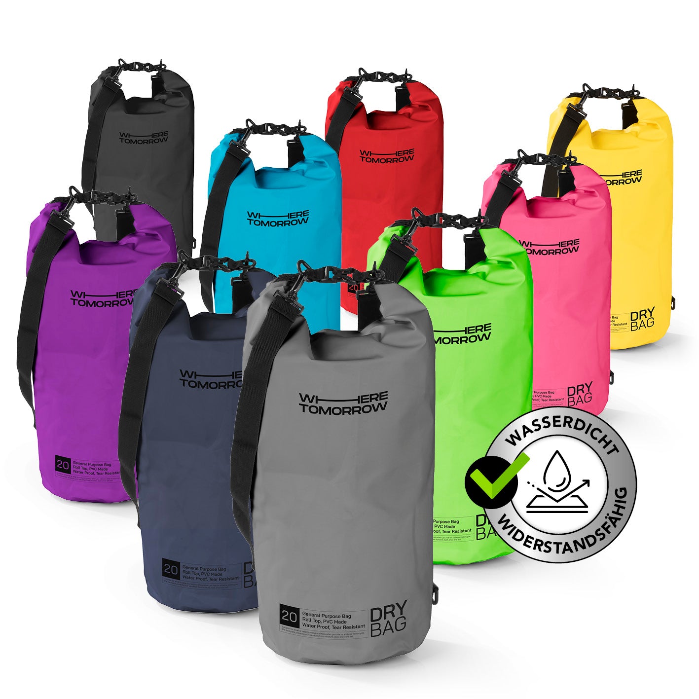 Dry Bag 20L - Style 01 - Grau wasserdichter, robuster Rucksack mit Rolltop-Verschluss und verstellbarem Schultergurt für Outdoor-Abenteuer.