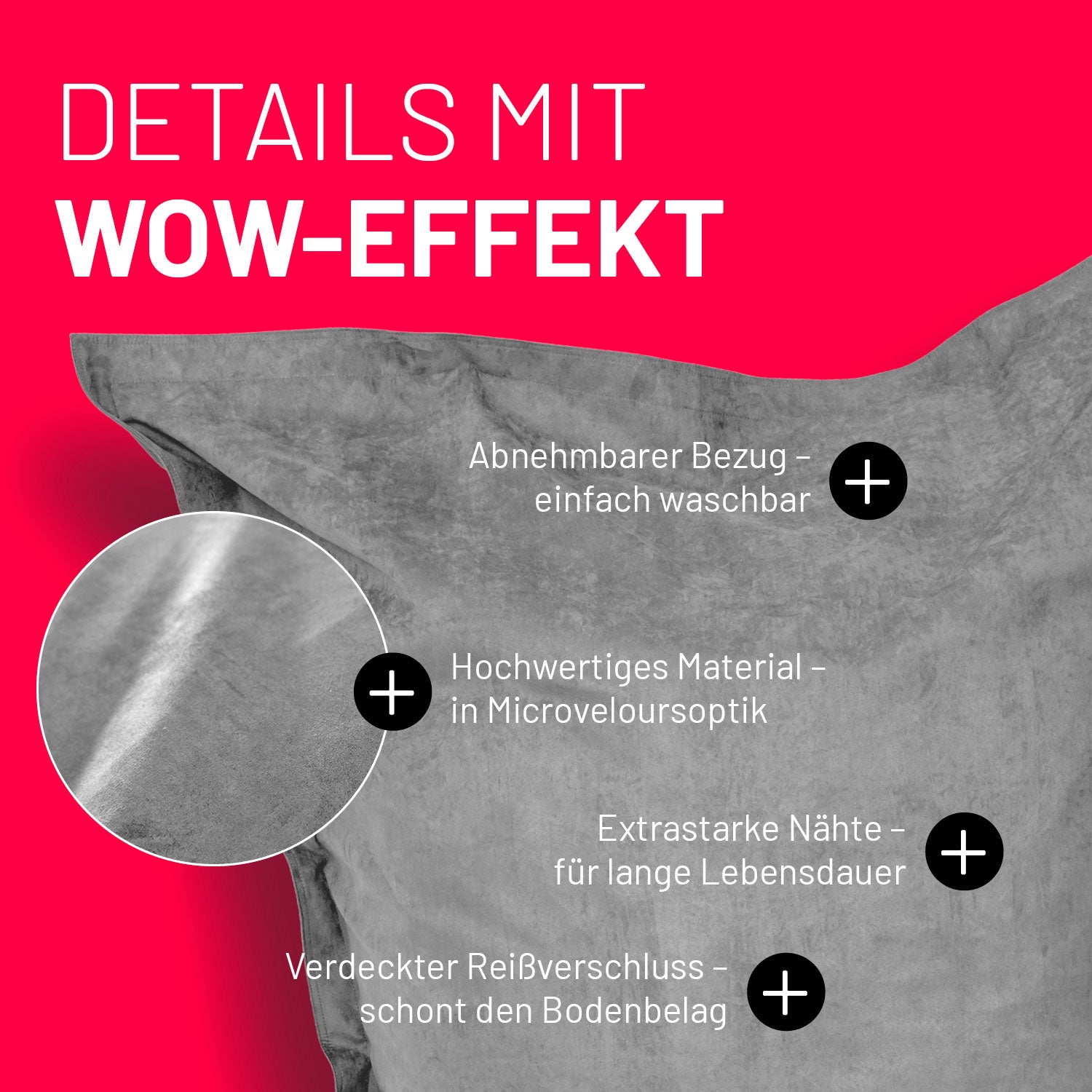 XXL Microvelours Sitzsack (380 L) Grau mit abnehmbarem Bezug, Microveloursoptik, extra starken Nähten und verdecktem Reißverschluss.