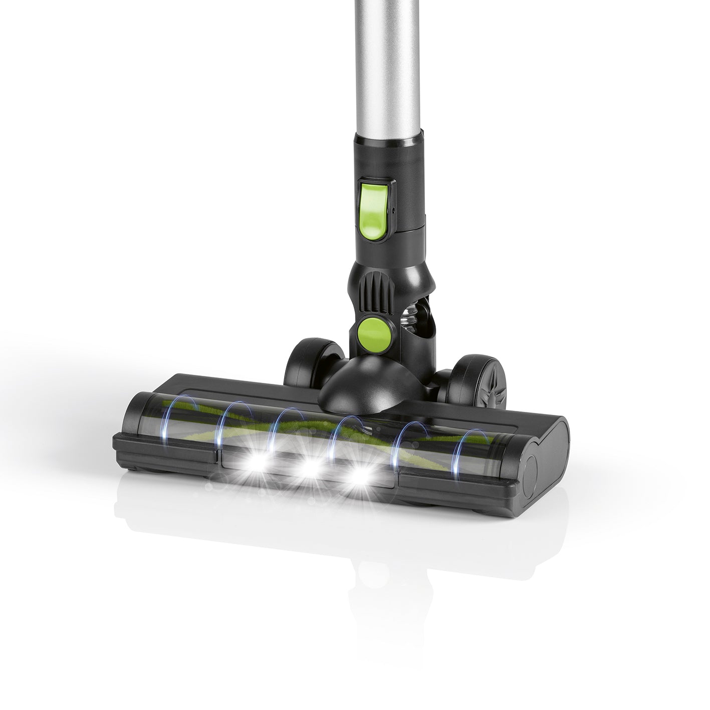 Akku-Zyklon-Staubsauger - schwarz/grün mit LED-Bodendüse, rotierenden Borsten und Aluminiumrohr für effektive Reinigung.