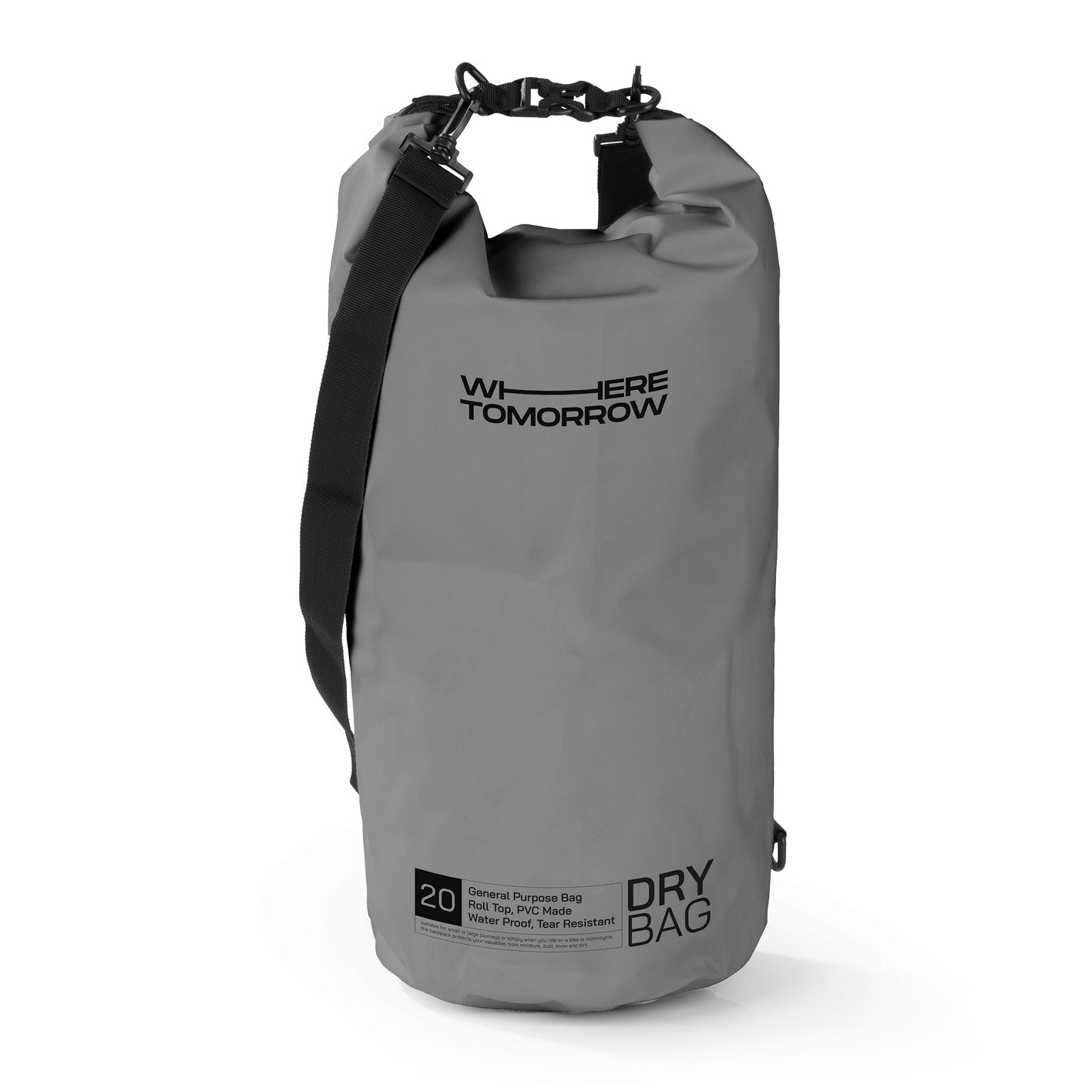 Dry Bag 20L - Style 01 - Grau, wasserdichter, robuster Outdoor-Rucksack mit Rolltop-Verschluss und verstellbarem Schultergurt.