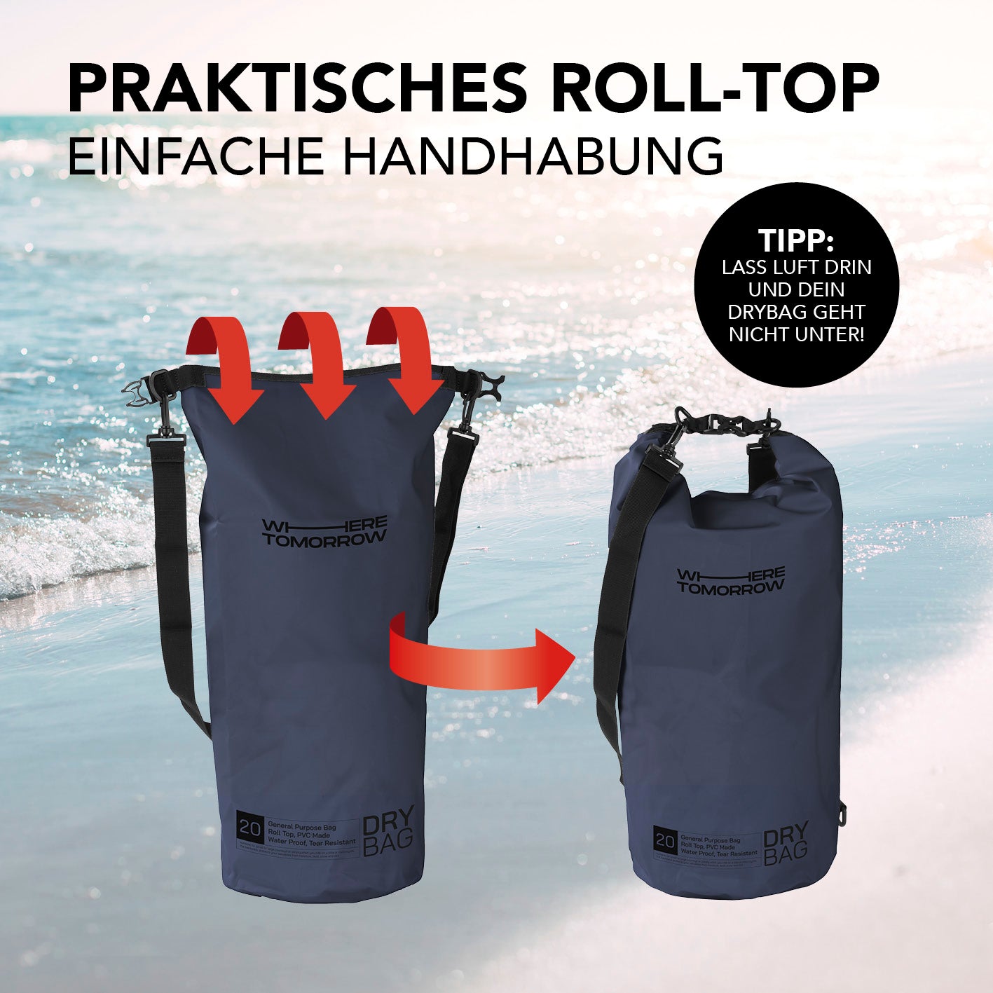 Dry Bag 20L - Style 01 - Dunkelblau mit wasserdichtem Rolltop-Verschluss und verstellbarem Schultergurt für Outdoor-Abenteuer.