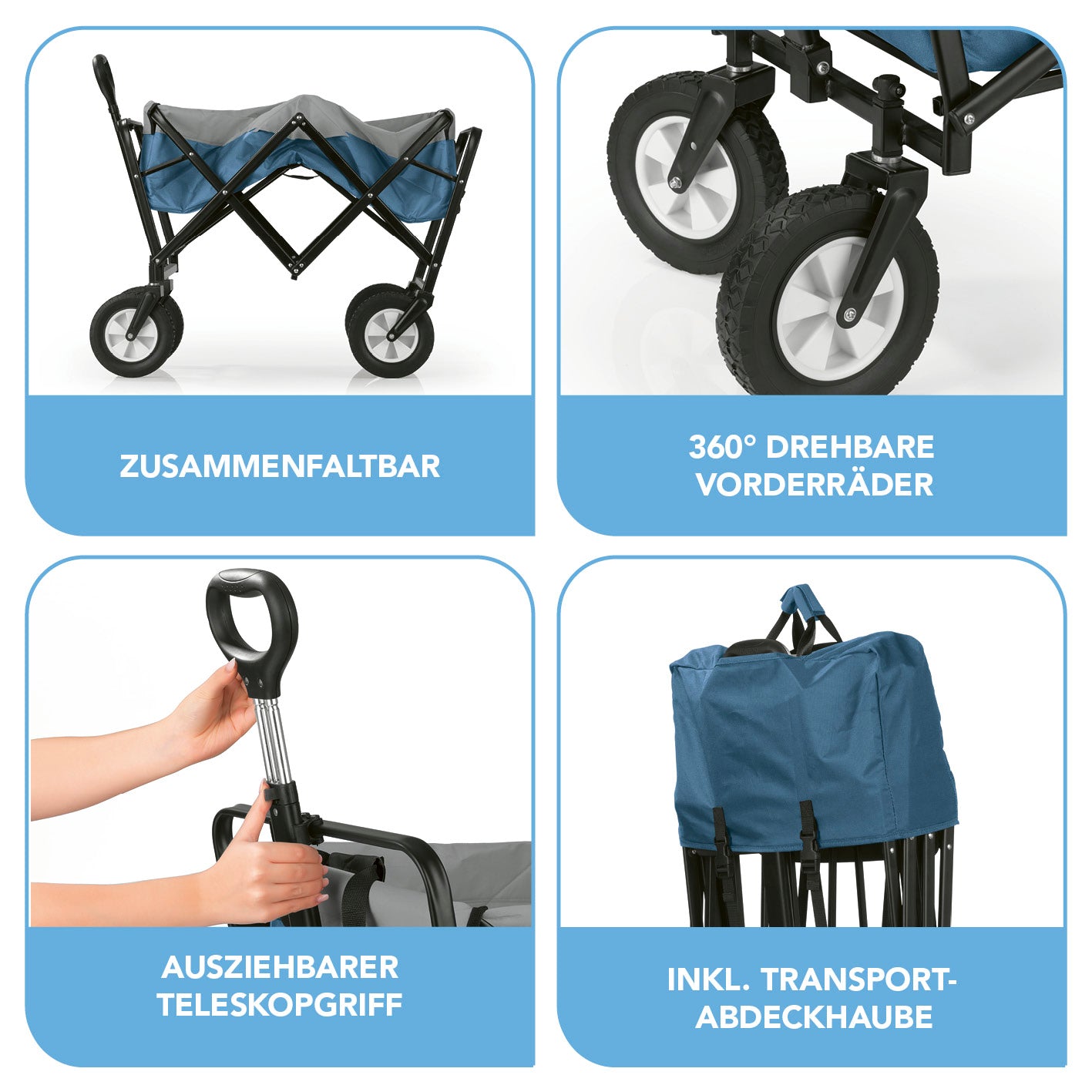 Bollerwagen faltbar - blau/grau mit Stahlrohrrahmen, 360° drehbaren Rädern, Teleskopgriff und Transport-Abdeckhaube.