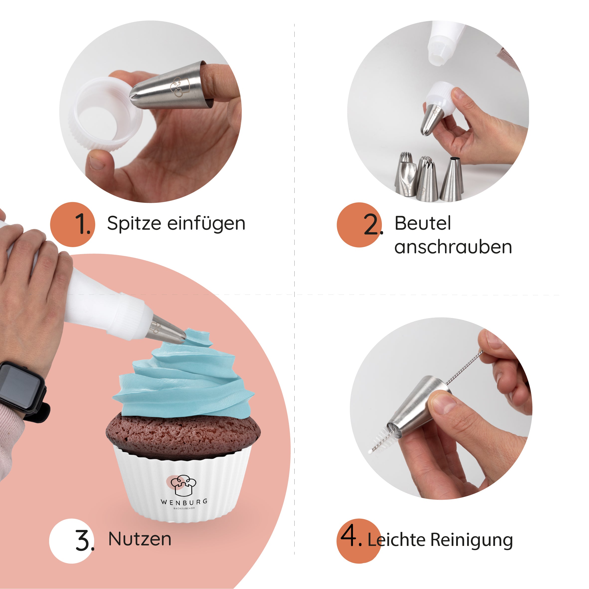 Spritzbeutel mit Tüllen - 12-tlg. Set zeigt Anleitung zum Tüllen einfügen, Beutel anschrauben, Verzieren und einfache Reinigung der Edelstahlteile.