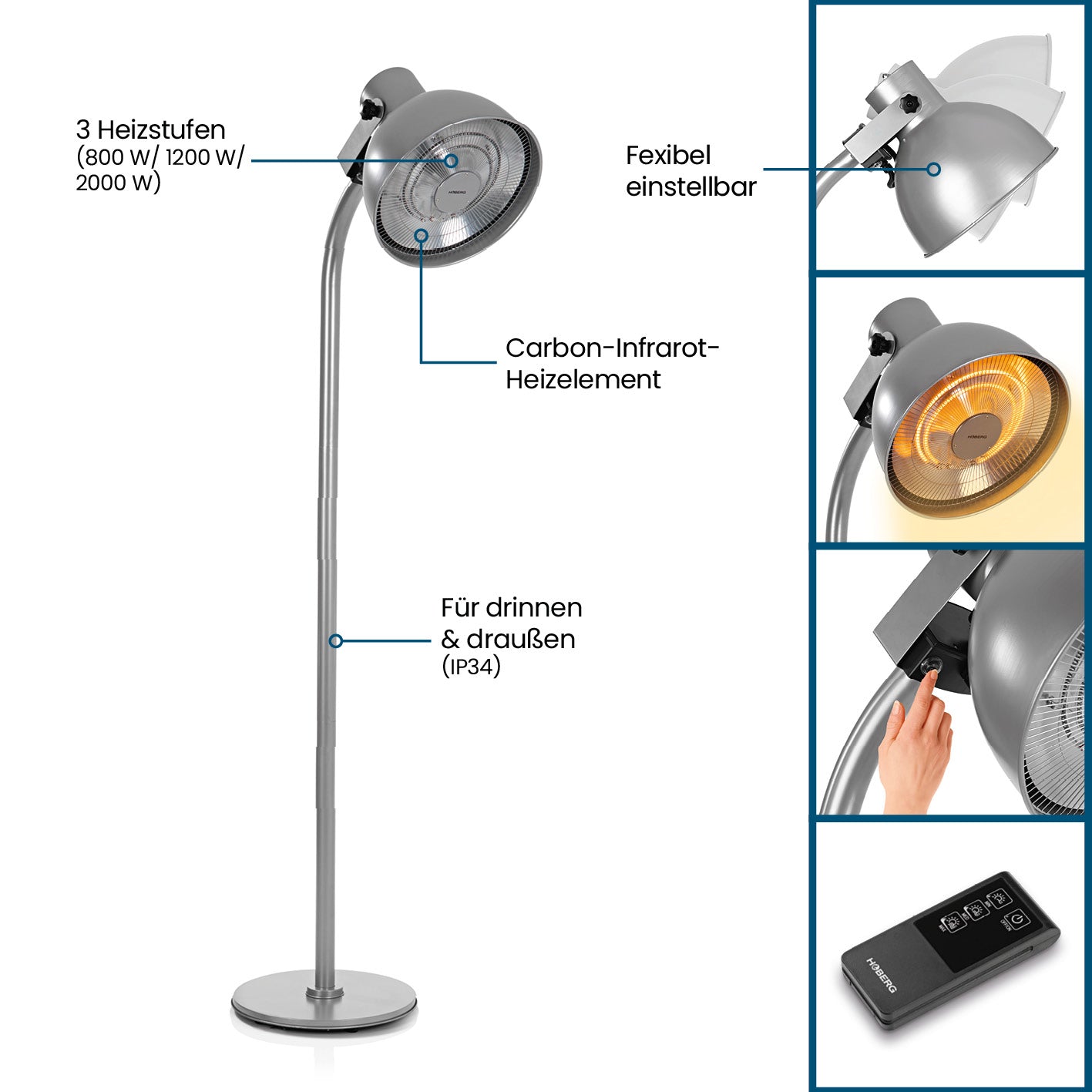 Infrarot-Heizstrahler mit Standfuß, Carbon-Infrarot-Heizelement, 3 Heizstufen, verstellbar, für drinnen und draußen mit Fernbedienung.