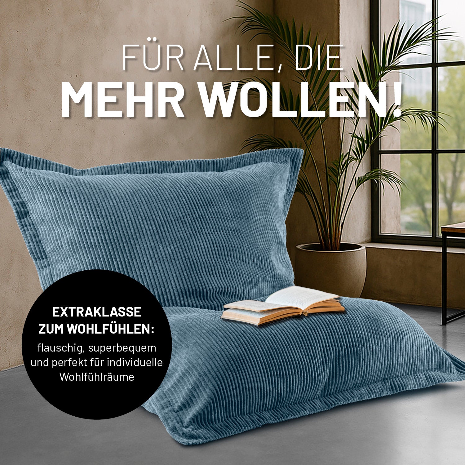 Sitzsack Classic XXL aus der LUMALAND Cord-Reihe - 380 L - 140 x 180 cm - Blau mit kuscheligem Cord-Bezug, ideal für moderne Wohnräume.