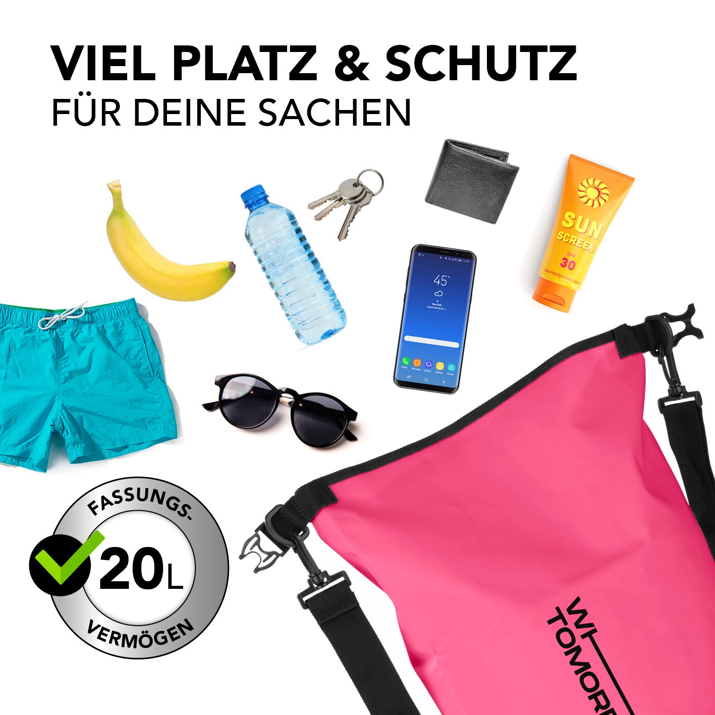 Dry Bag 20L - Style 02 - Pink wasserdichter, robuster Rucksack mit 20L Fassungsvermögen und verstellbarem Schultergurt für Outdoor-Abenteuer.