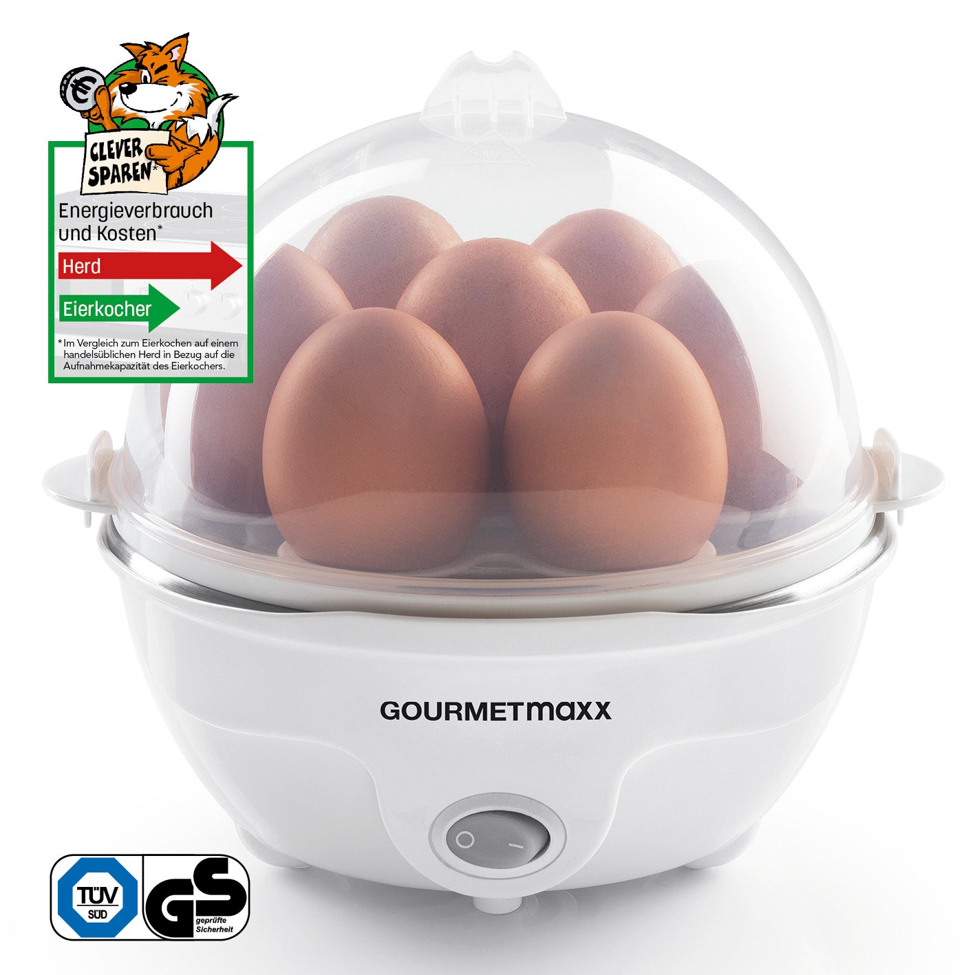 Eierkocher für 7 Eier mit transparentem Deckel, Eierhalter und beleuchtetem Ein-/Ausschalter von GOURMETmaxx.